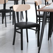 Wright Commercial Dining Chair with 500 LB. Capacity Black Steel Frame, Natural Birch Finish Wooden Boomerang Back, and Black Vinyl Seat