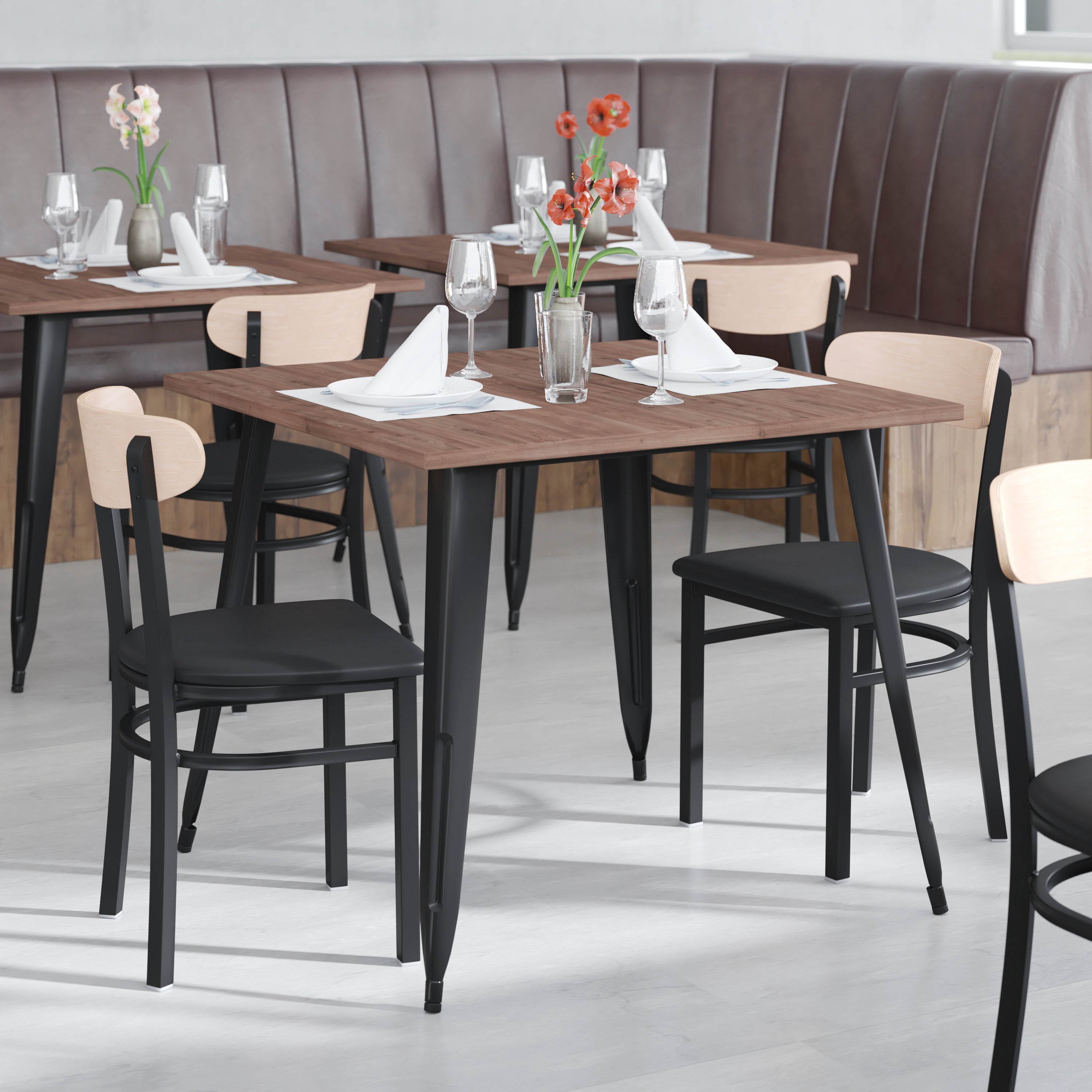 Wright Commercial Dining Chair with 500 LB. Capacity Black Steel Frame, Natural Birch Finish Wooden Boomerang Back, and Black Vinyl Seat