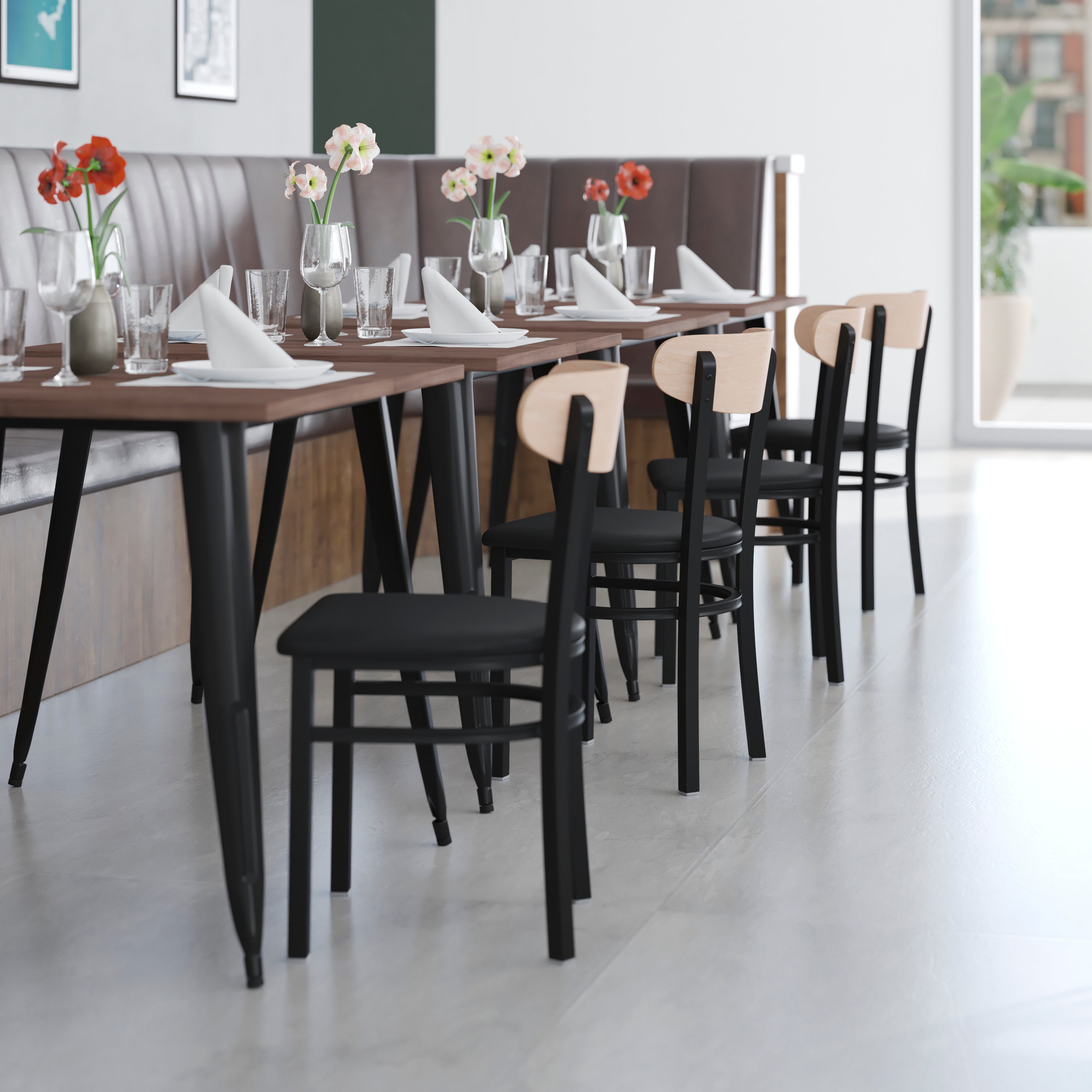 Wright Commercial Dining Chair with 500 LB. Capacity Black Steel Frame, Natural Birch Finish Wooden Boomerang Back, and Black Vinyl Seat