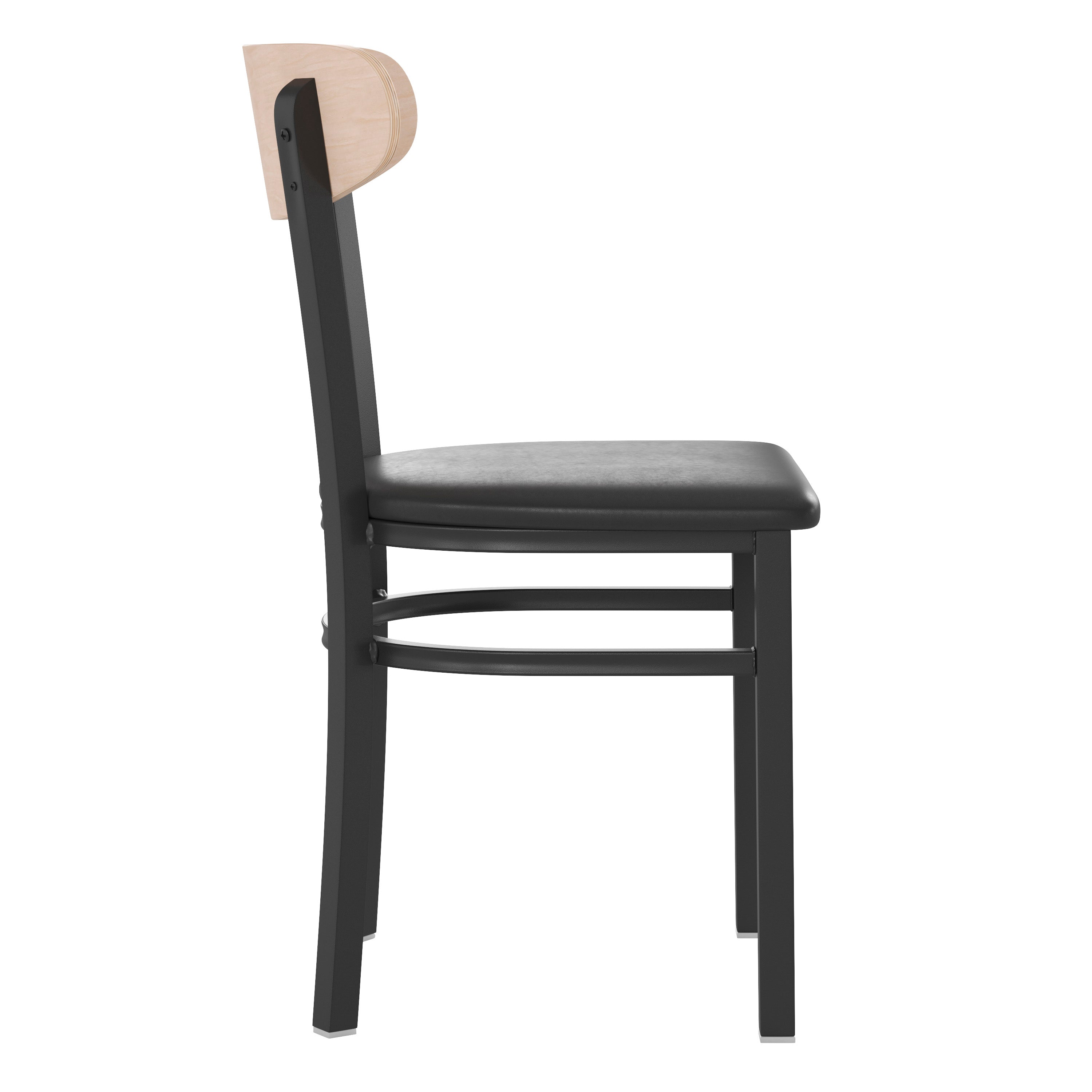 Wright Commercial Dining Chair with 500 LB. Capacity Black Steel Frame, Natural Birch Finish Wooden Boomerang Back, and Black Vinyl Seat