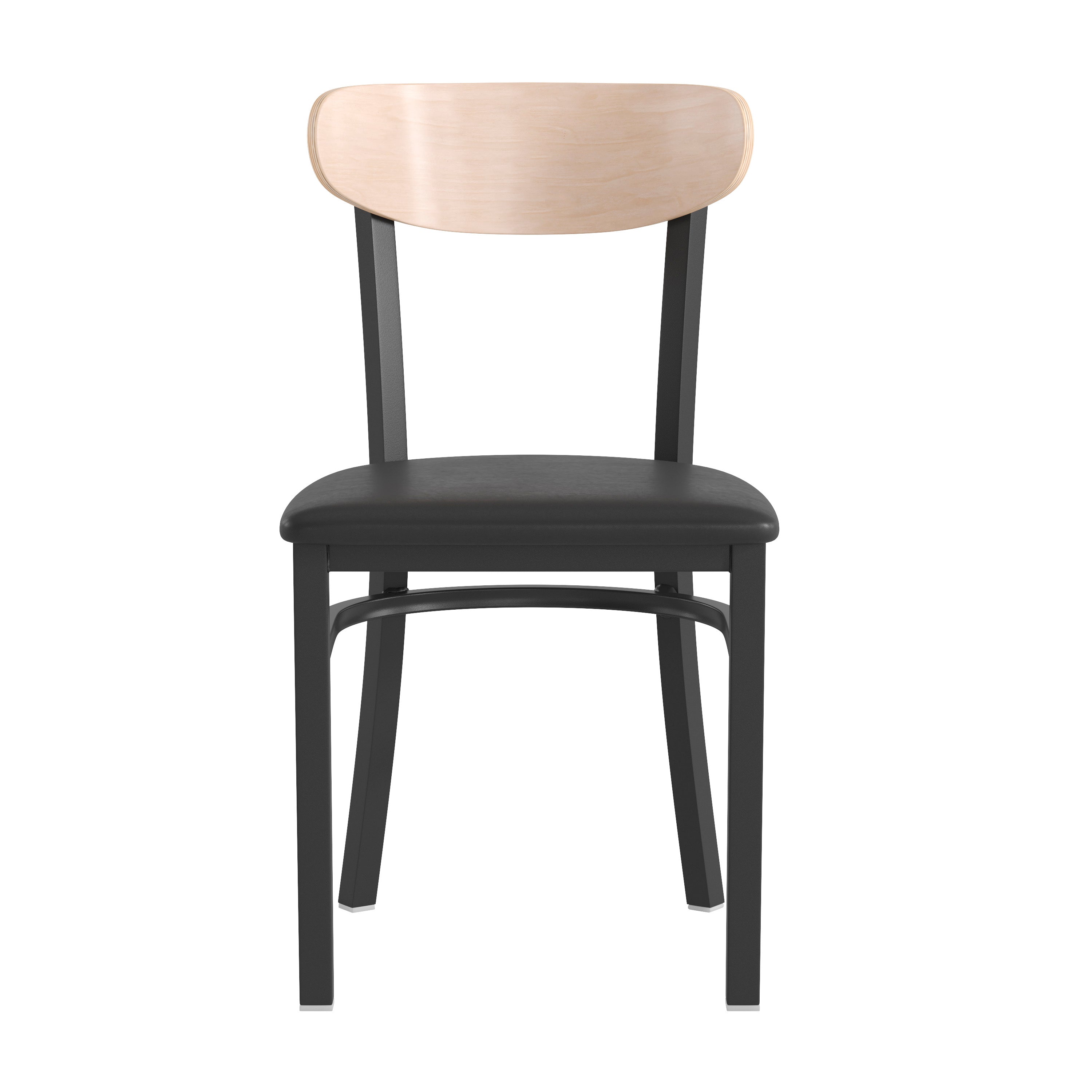 Wright Commercial Dining Chair with 500 LB. Capacity Black Steel Frame, Natural Birch Finish Wooden Boomerang Back, and Black Vinyl Seat