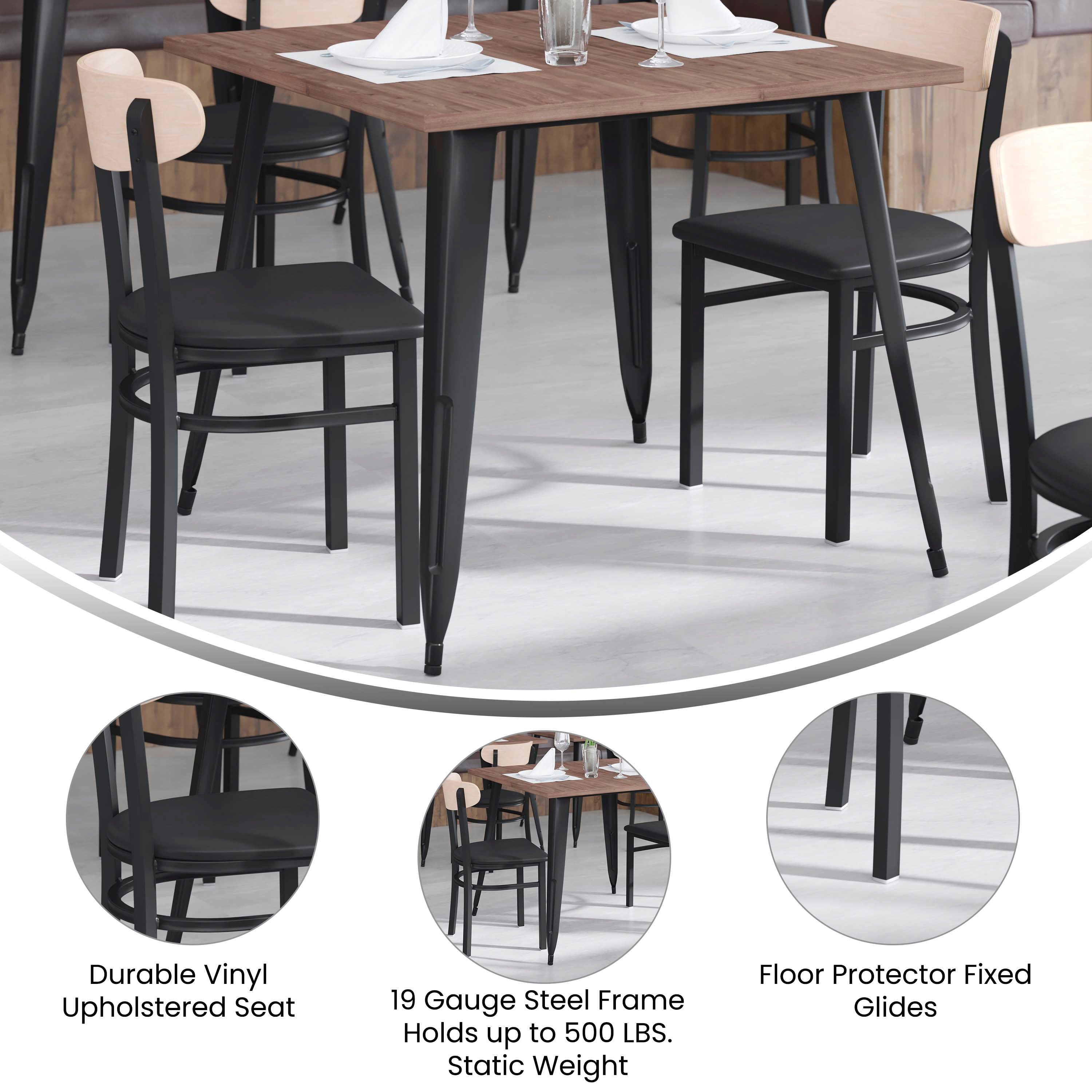 Wright Commercial Dining Chair with 500 LB. Capacity Black Steel Frame, Natural Birch Finish Wooden Boomerang Back, and Black Vinyl Seat