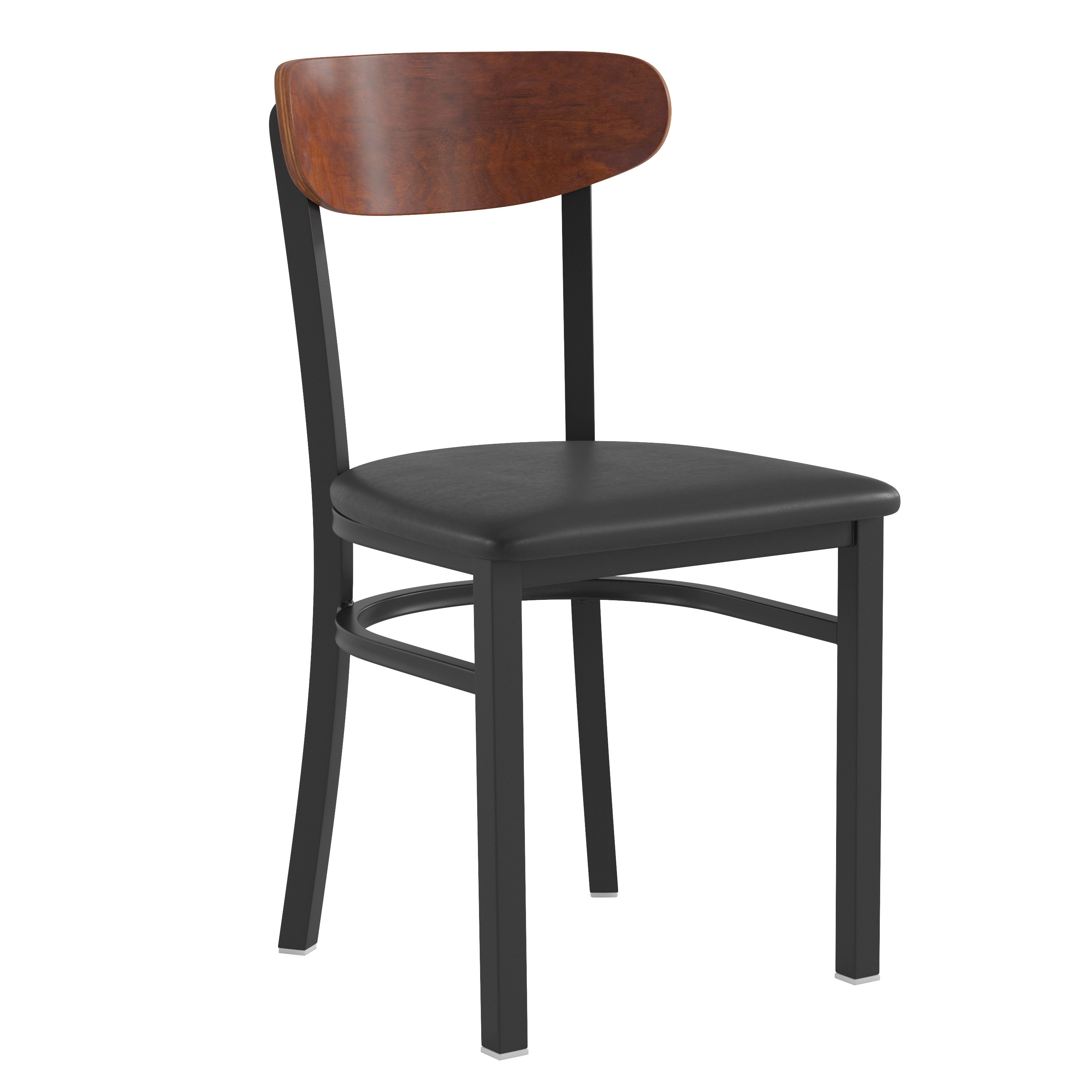 Wright Commercial Dining Chair with 500 LB. Capacity Black Steel Frame, Walnut Finish Wooden Boomerang Back, and Black Vinyl Seat
