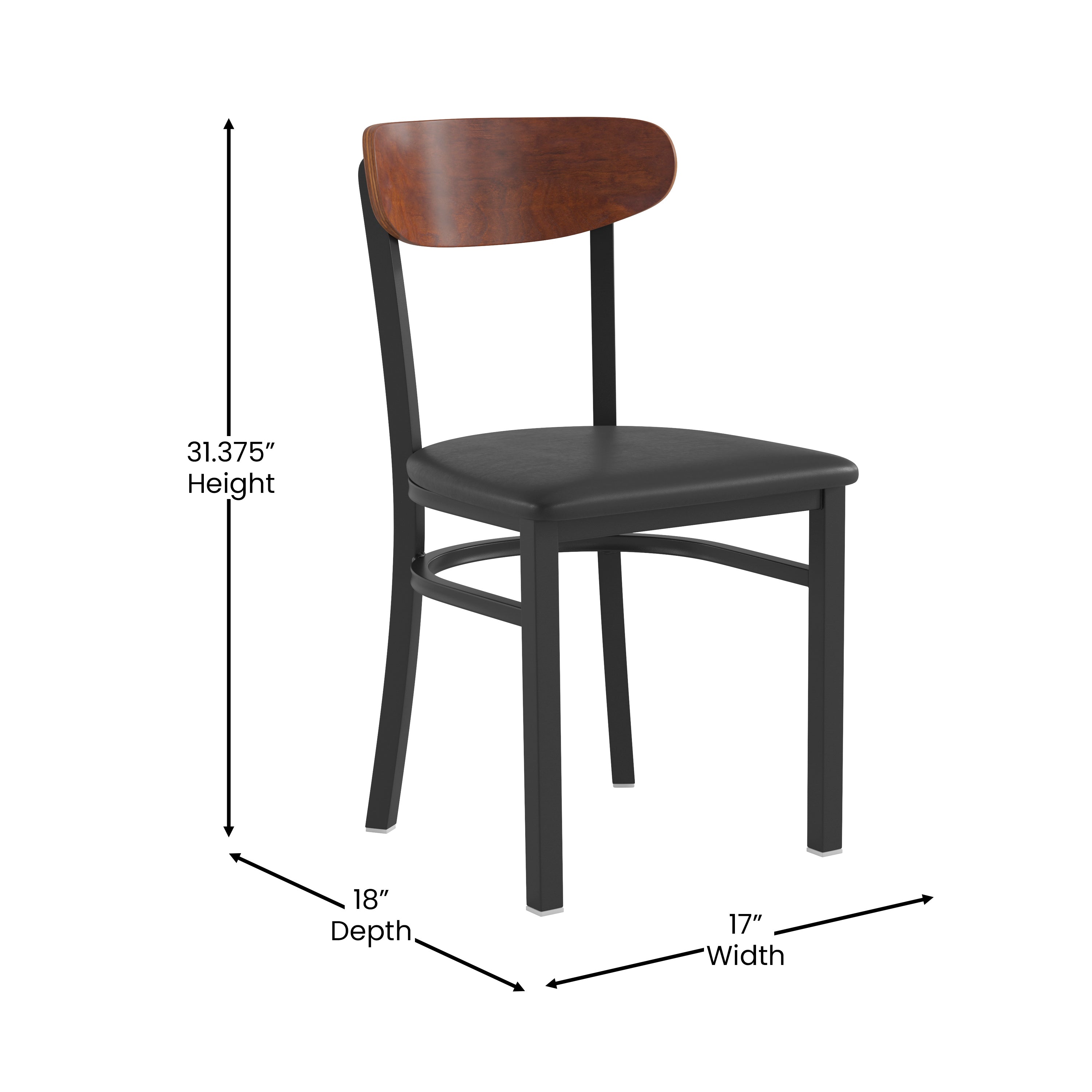 Wright Commercial Dining Chair with 500 LB. Capacity Black Steel Frame, Walnut Finish Wooden Boomerang Back, and Black Vinyl Seat