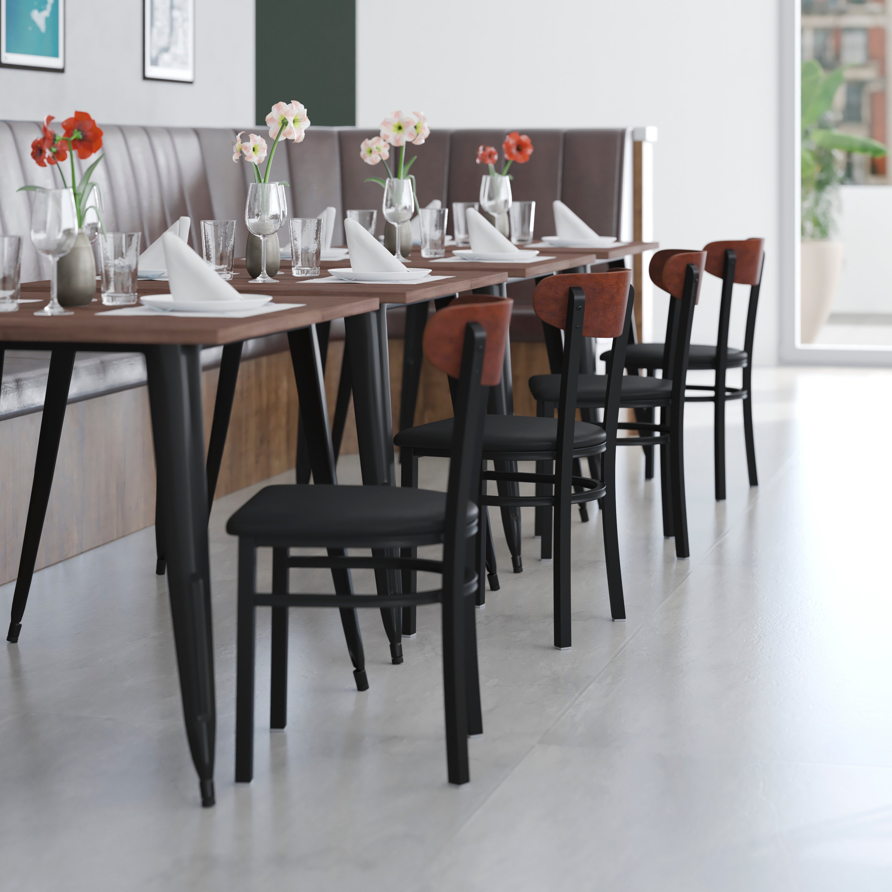 Wright Commercial Dining Chair with 500 LB. Capacity Black Steel Frame, Walnut Finish Wooden Boomerang Back, and Black Vinyl Seat