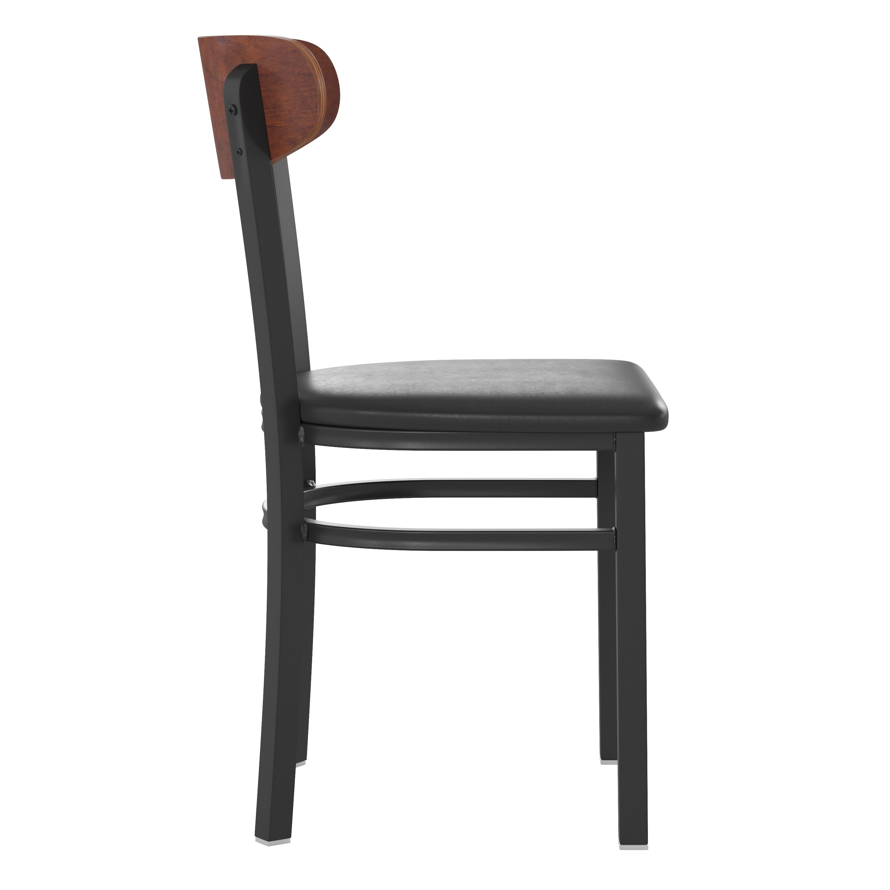 Wright Commercial Dining Chair with 500 LB. Capacity Black Steel Frame, Walnut Finish Wooden Boomerang Back, and Black Vinyl Seat