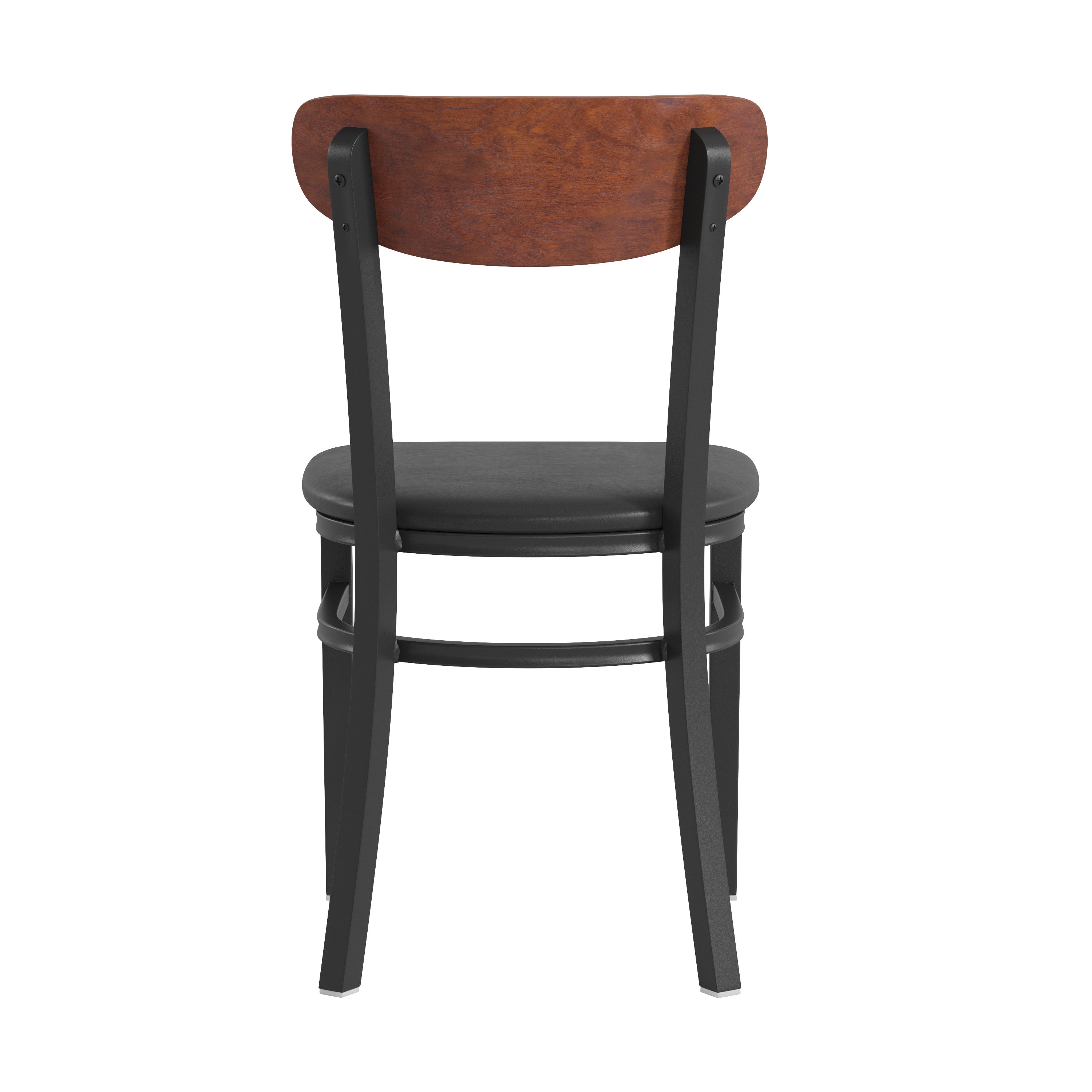 Wright Commercial Dining Chair with 500 LB. Capacity Black Steel Frame, Walnut Finish Wooden Boomerang Back, and Black Vinyl Seat