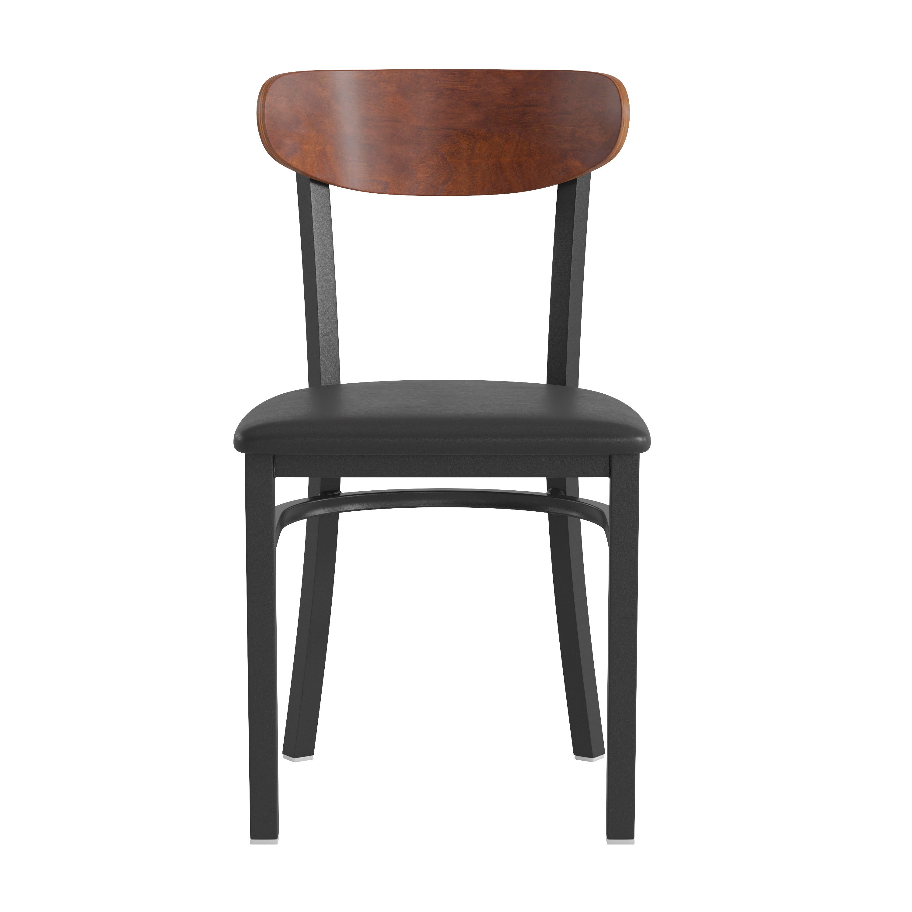 Wright Commercial Dining Chair with 500 LB. Capacity Black Steel Frame, Walnut Finish Wooden Boomerang Back, and Black Vinyl Seat