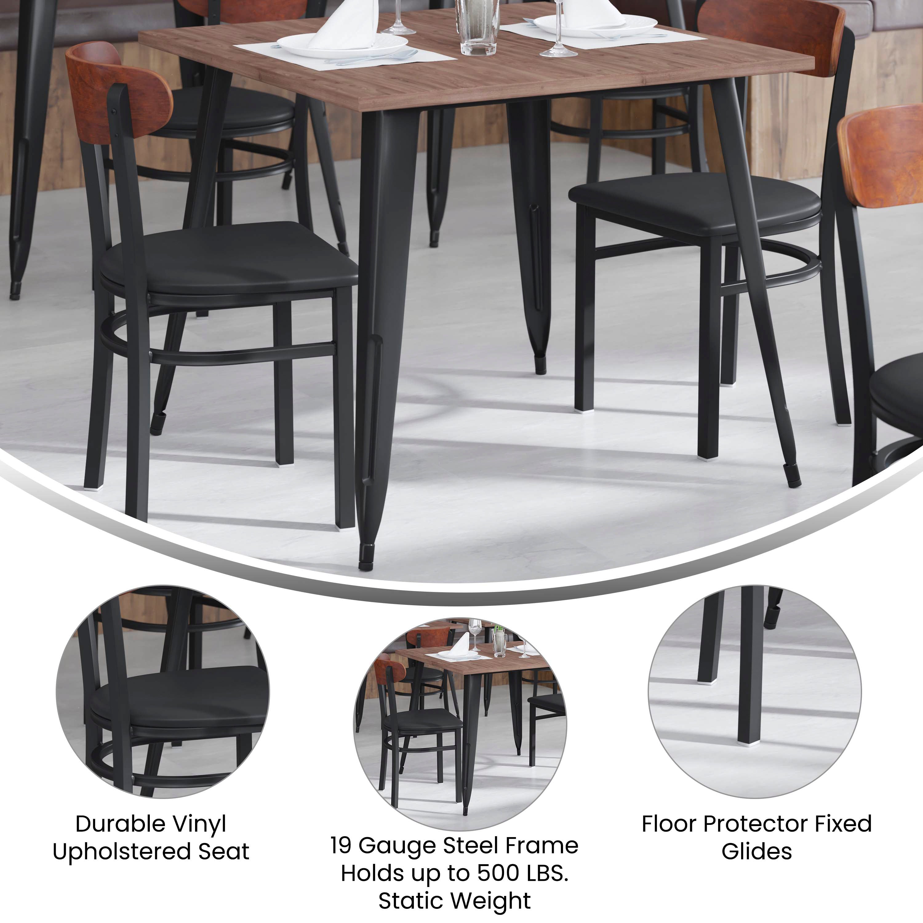 Wright Commercial Dining Chair with 500 LB. Capacity Black Steel Frame, Walnut Finish Wooden Boomerang Back, and Black Vinyl Seat