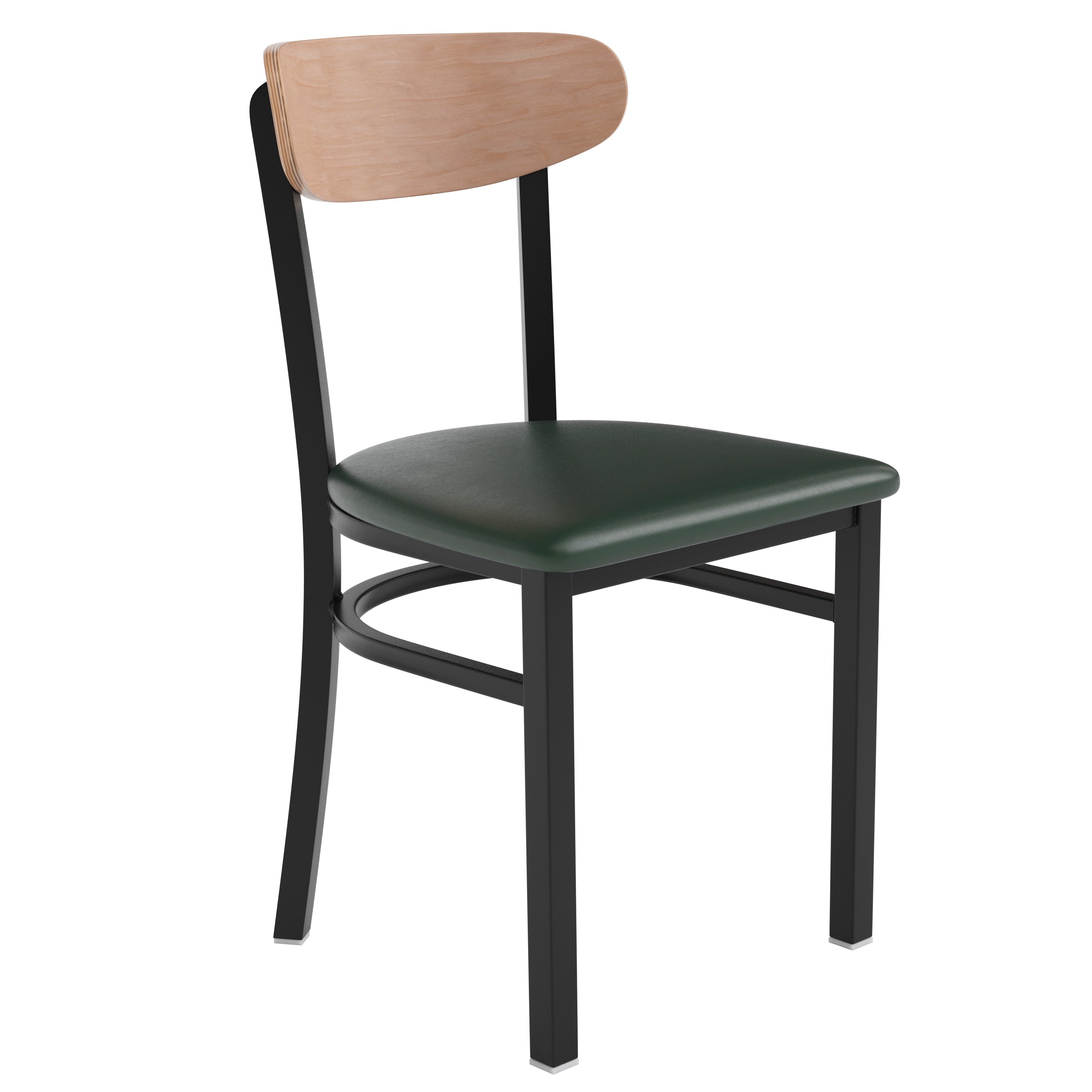 Wright Commercial Dining Chair with 500 LB. Capacity Black Steel Frame, Natural Birch Finish Wooden Boomerang Back, and Green Vinyl Seat
