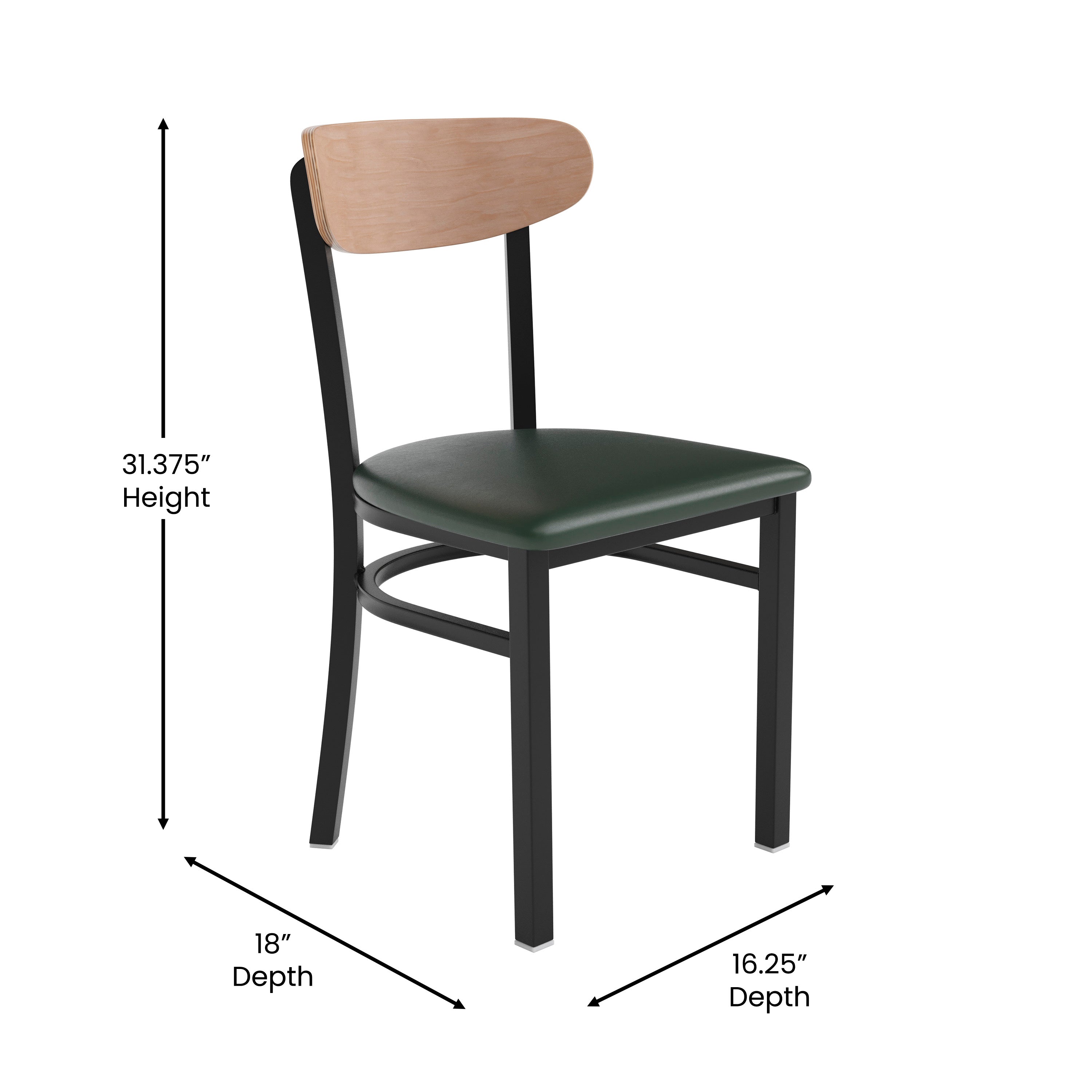 Wright Commercial Dining Chair with 500 LB. Capacity Black Steel Frame, Natural Birch Finish Wooden Boomerang Back, and Green Vinyl Seat
