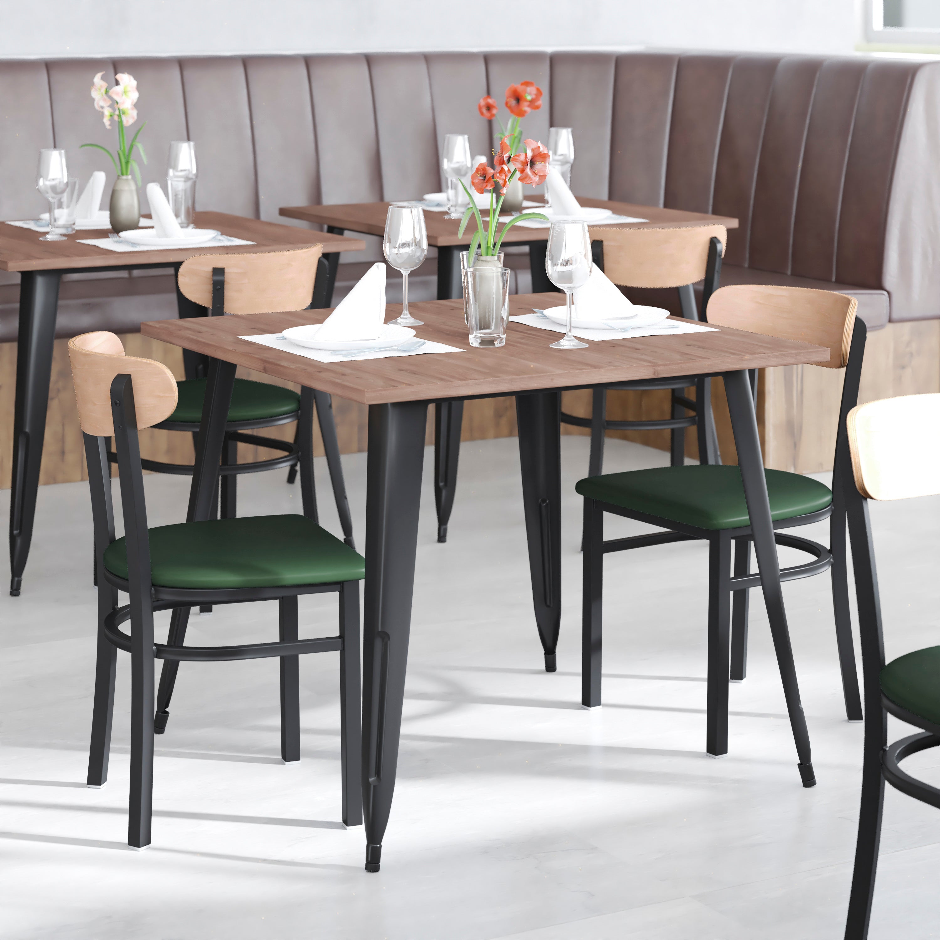 Wright Commercial Dining Chair with 500 LB. Capacity Black Steel Frame, Natural Birch Finish Wooden Boomerang Back, and Green Vinyl Seat