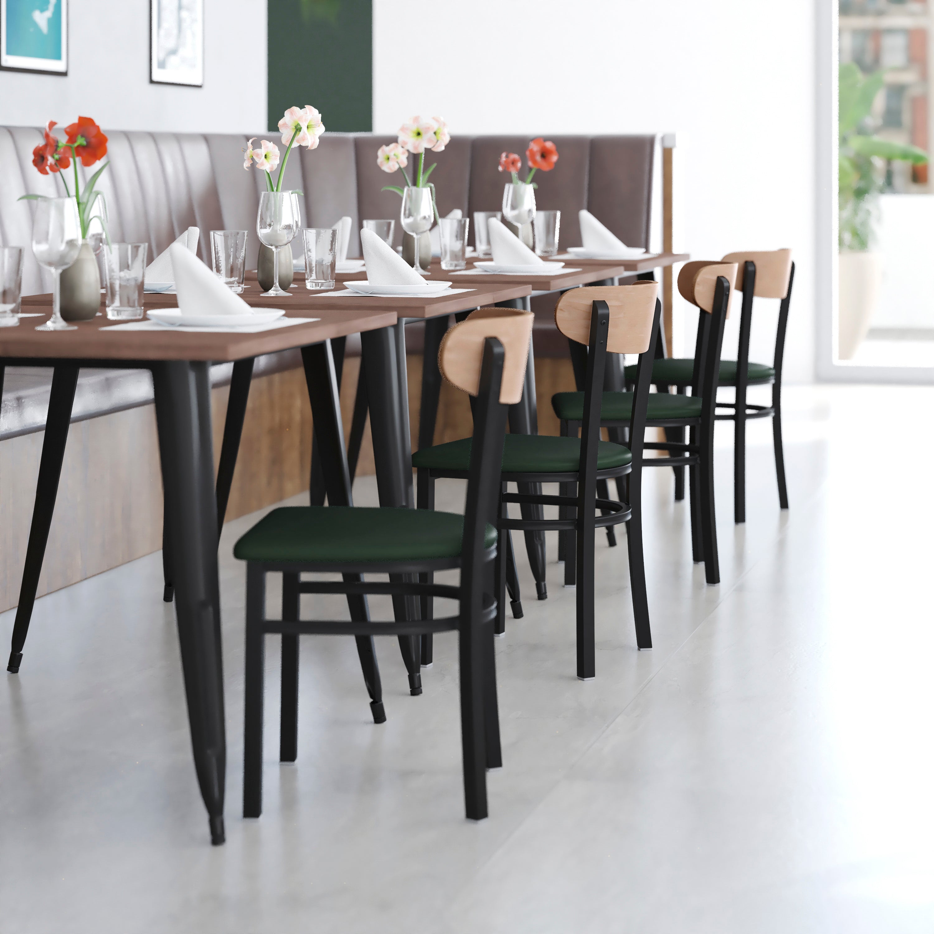 Wright Commercial Dining Chair with 500 LB. Capacity Black Steel Frame, Natural Birch Finish Wooden Boomerang Back, and Green Vinyl Seat