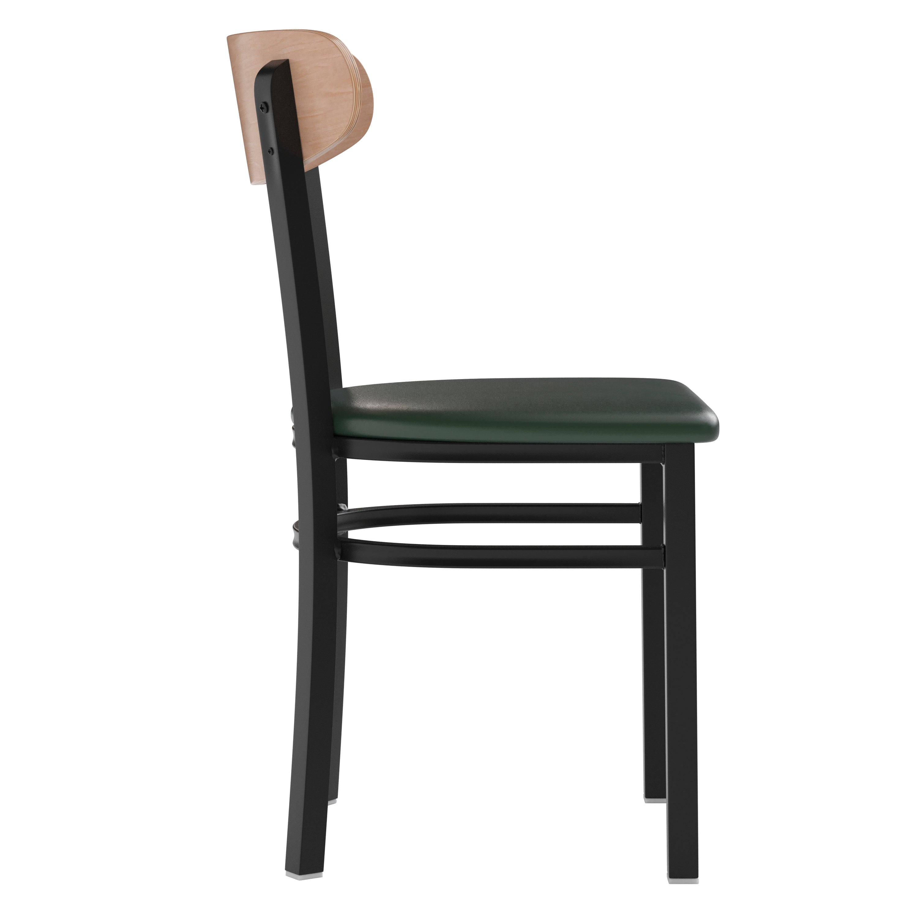Wright Commercial Dining Chair with 500 LB. Capacity Black Steel Frame, Natural Birch Finish Wooden Boomerang Back, and Green Vinyl Seat