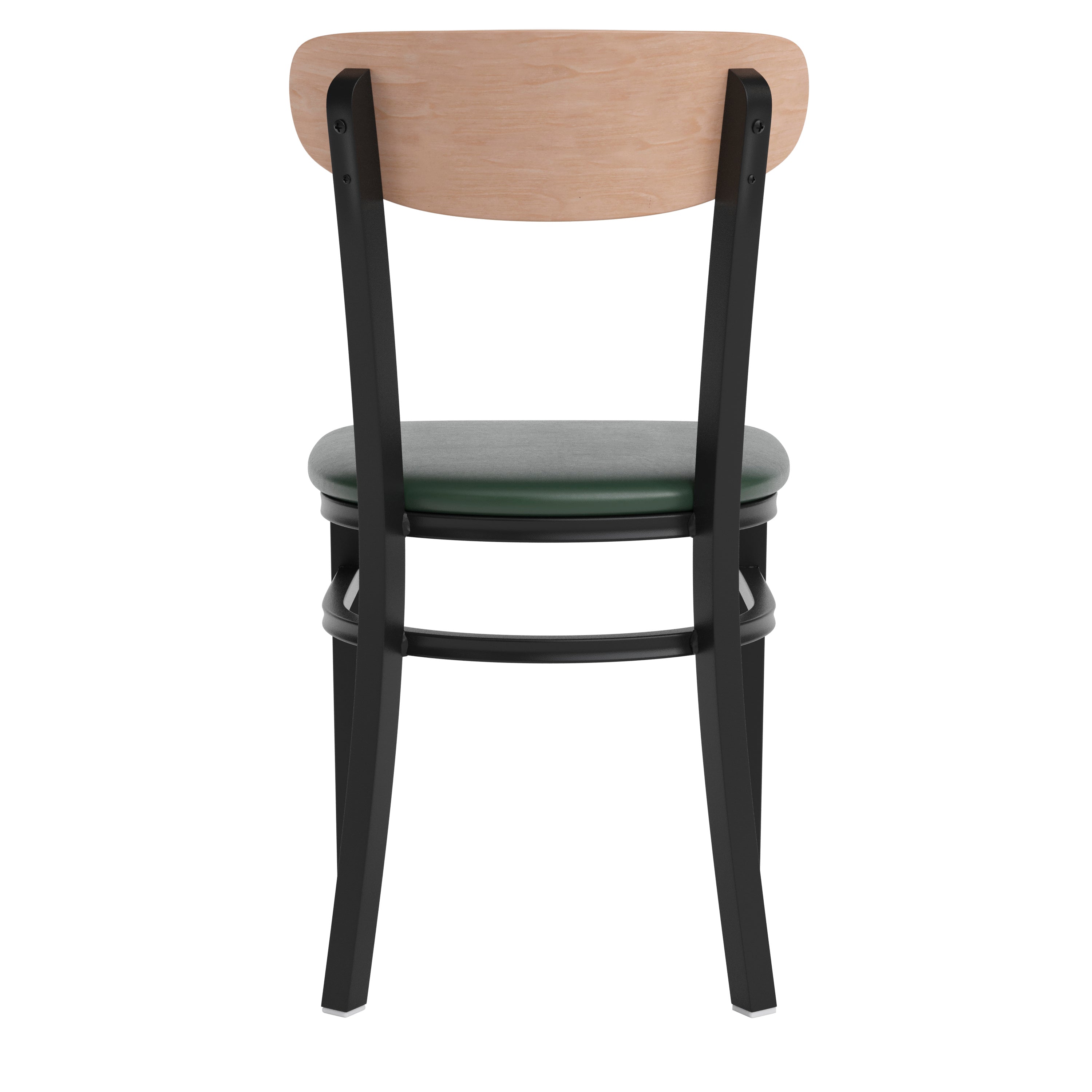 Wright Commercial Dining Chair with 500 LB. Capacity Black Steel Frame, Natural Birch Finish Wooden Boomerang Back, and Green Vinyl Seat