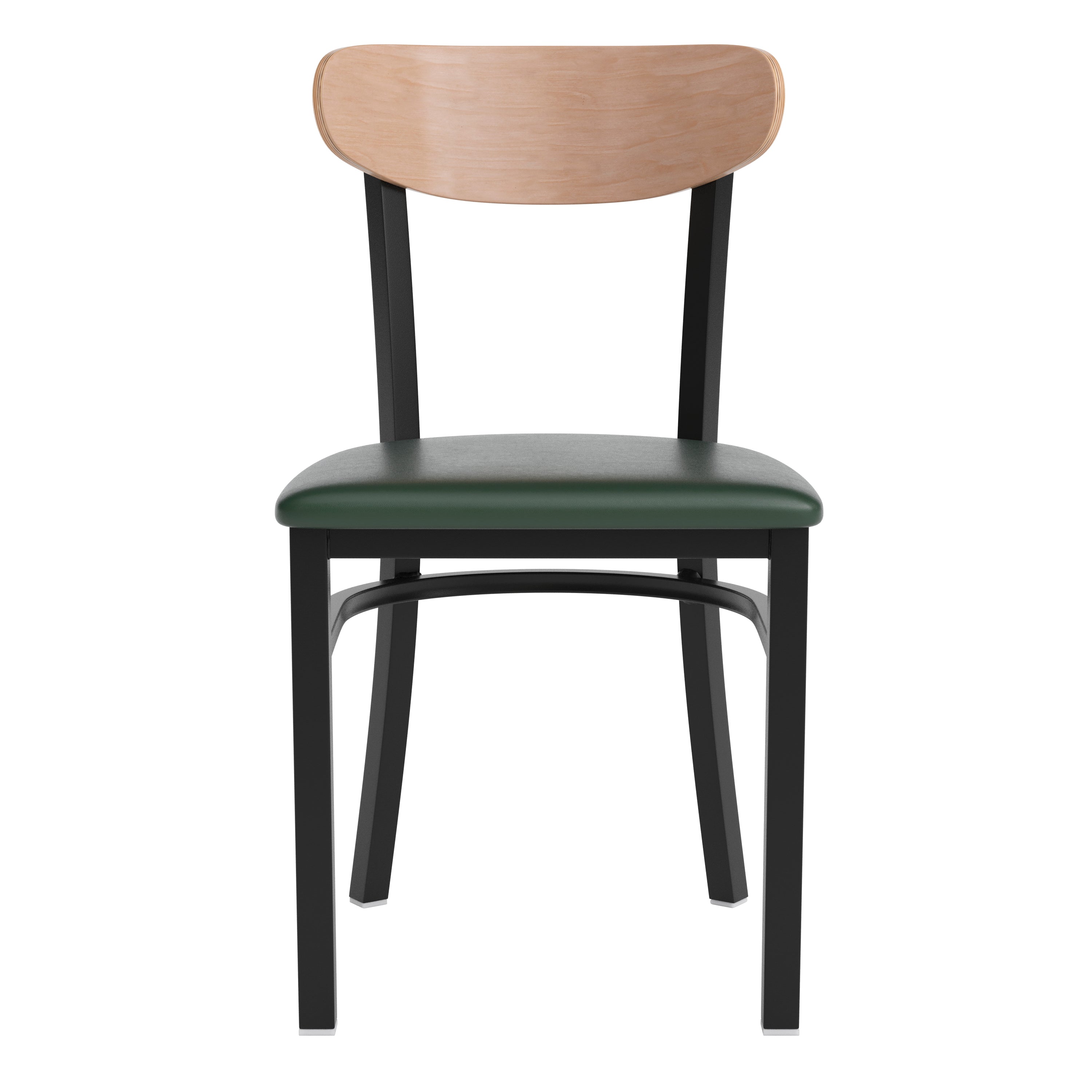 Wright Commercial Dining Chair with 500 LB. Capacity Black Steel Frame, Natural Birch Finish Wooden Boomerang Back, and Green Vinyl Seat
