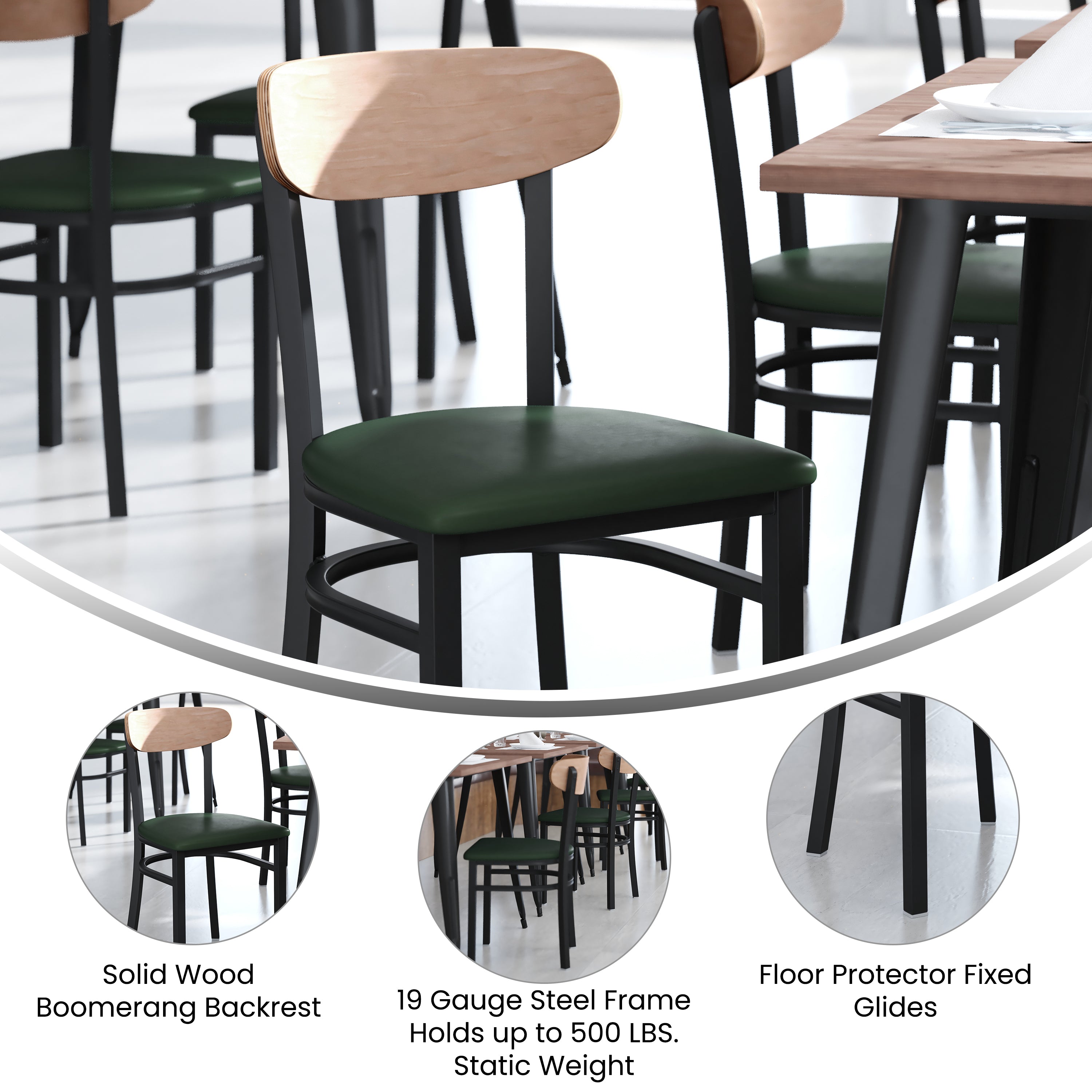 Wright Commercial Dining Chair with 500 LB. Capacity Black Steel Frame, Natural Birch Finish Wooden Boomerang Back, and Green Vinyl Seat