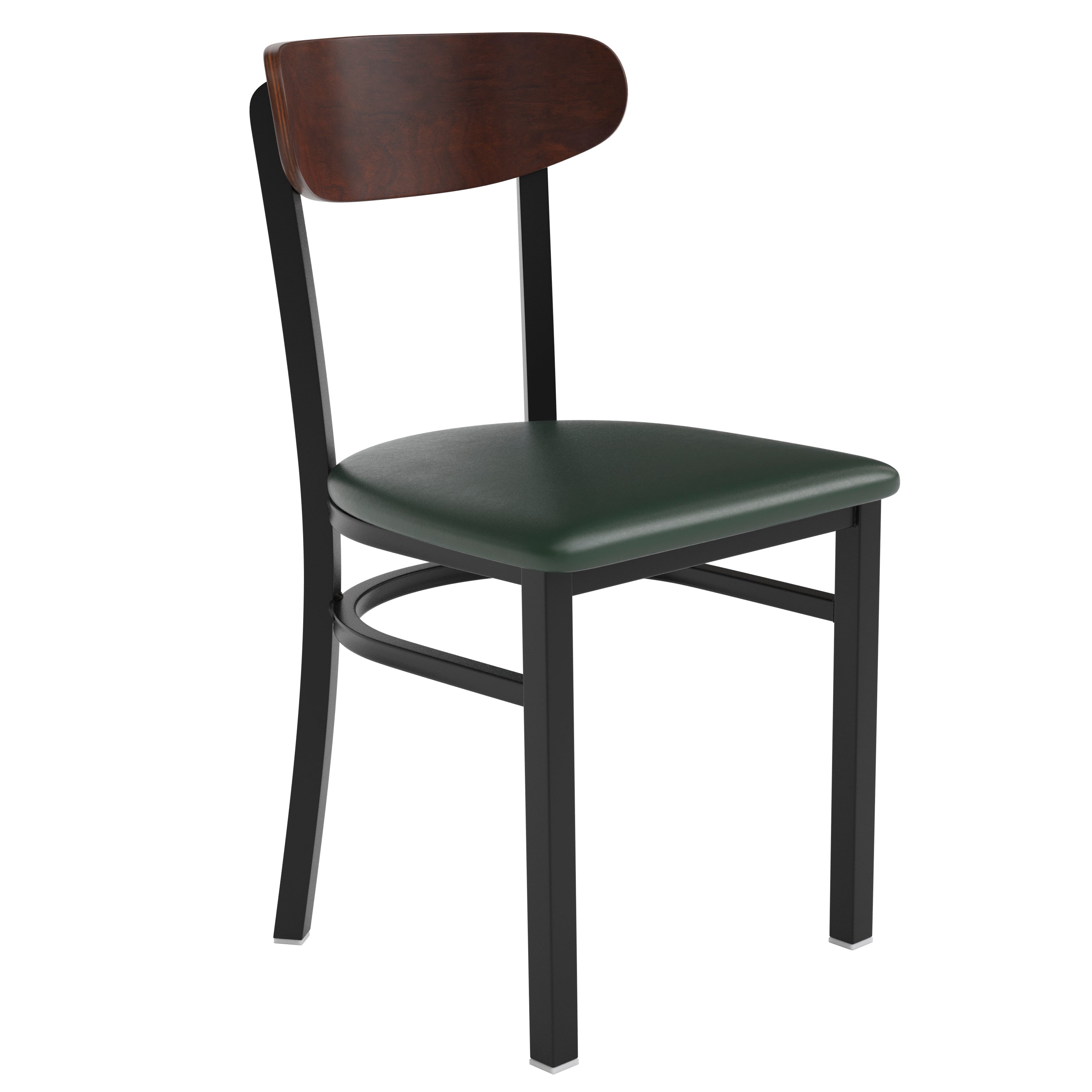 Wright Commercial Dining Chair with 500 LB. Capacity Black Steel Frame, Walnut Finish Wooden Boomerang Back, and Green Vinyl Seat