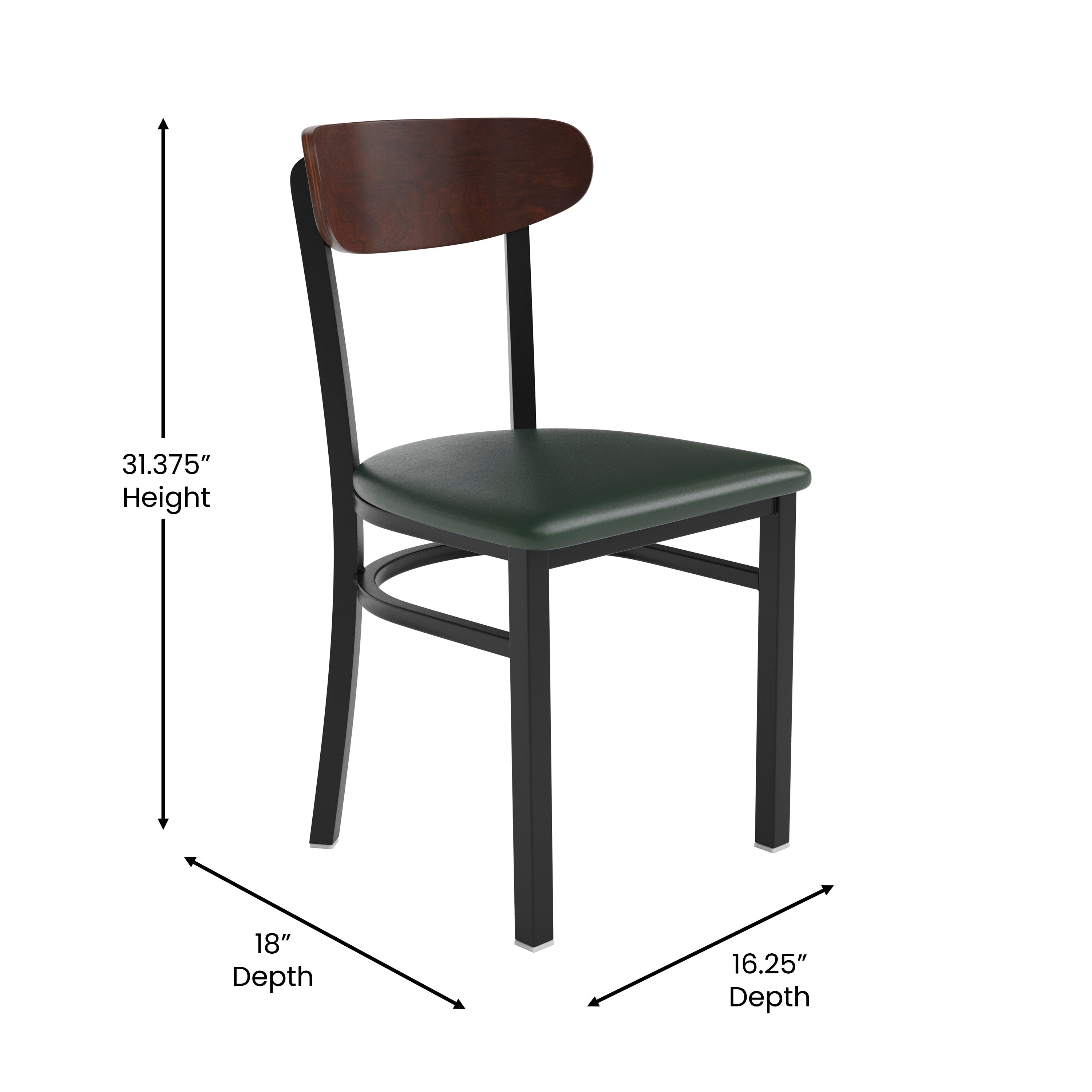 Wright Commercial Dining Chair with 500 LB. Capacity Black Steel Frame, Walnut Finish Wooden Boomerang Back, and Green Vinyl Seat