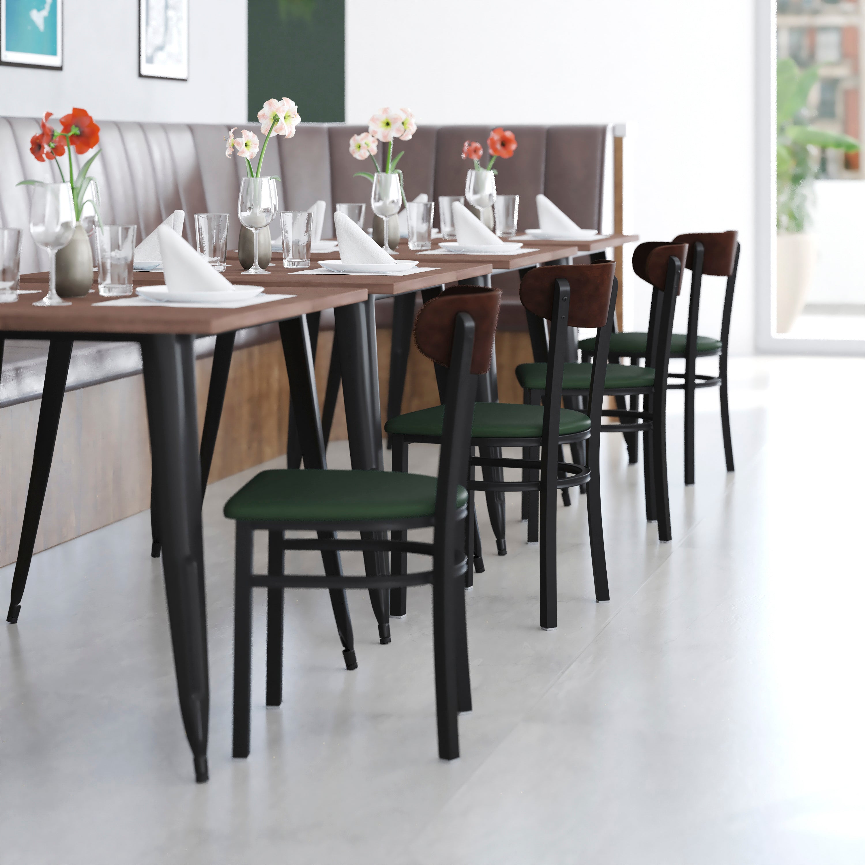 Wright Commercial Dining Chair with 500 LB. Capacity Black Steel Frame, Walnut Finish Wooden Boomerang Back, and Green Vinyl Seat