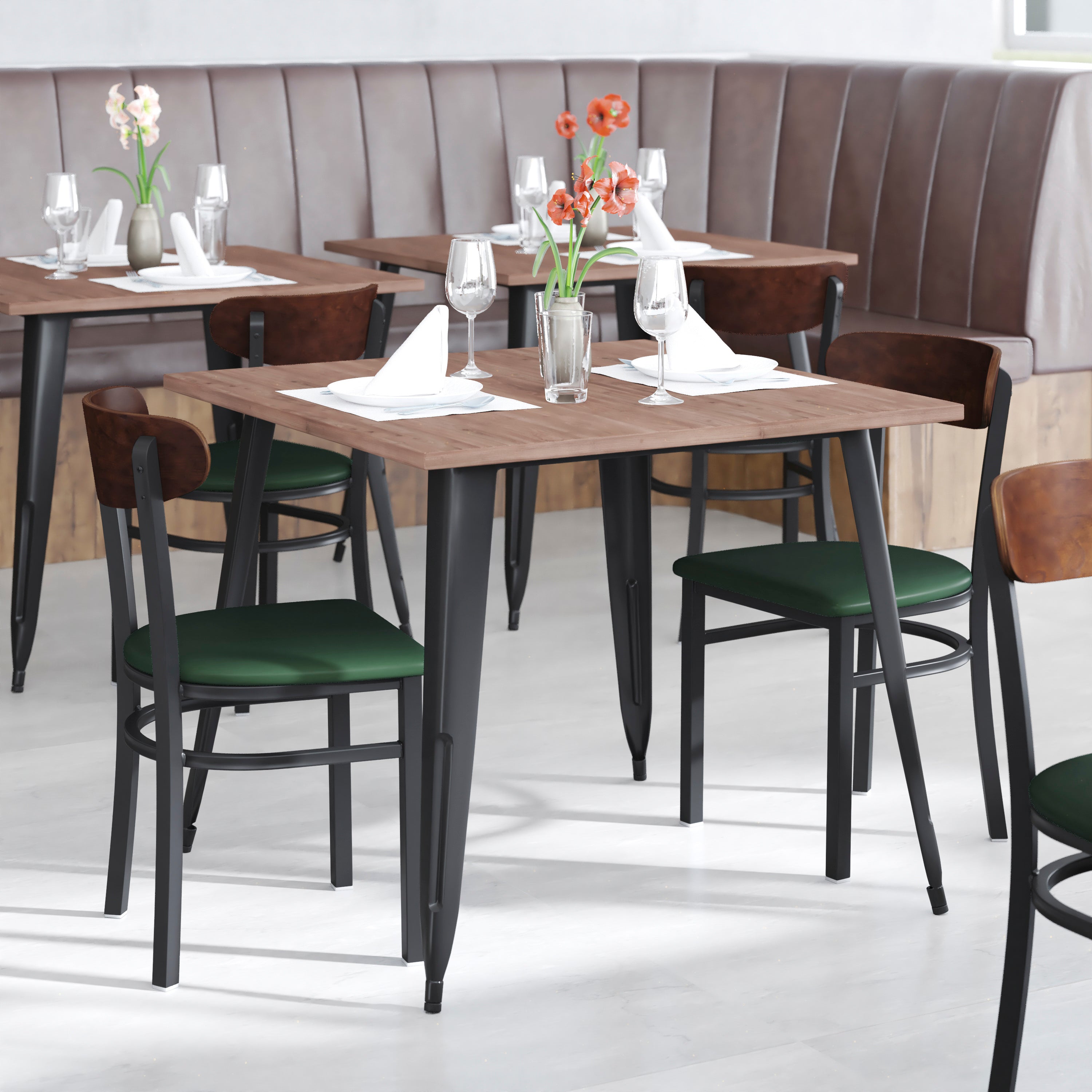 Wright Commercial Dining Chair with 500 LB. Capacity Black Steel Frame, Walnut Finish Wooden Boomerang Back, and Green Vinyl Seat