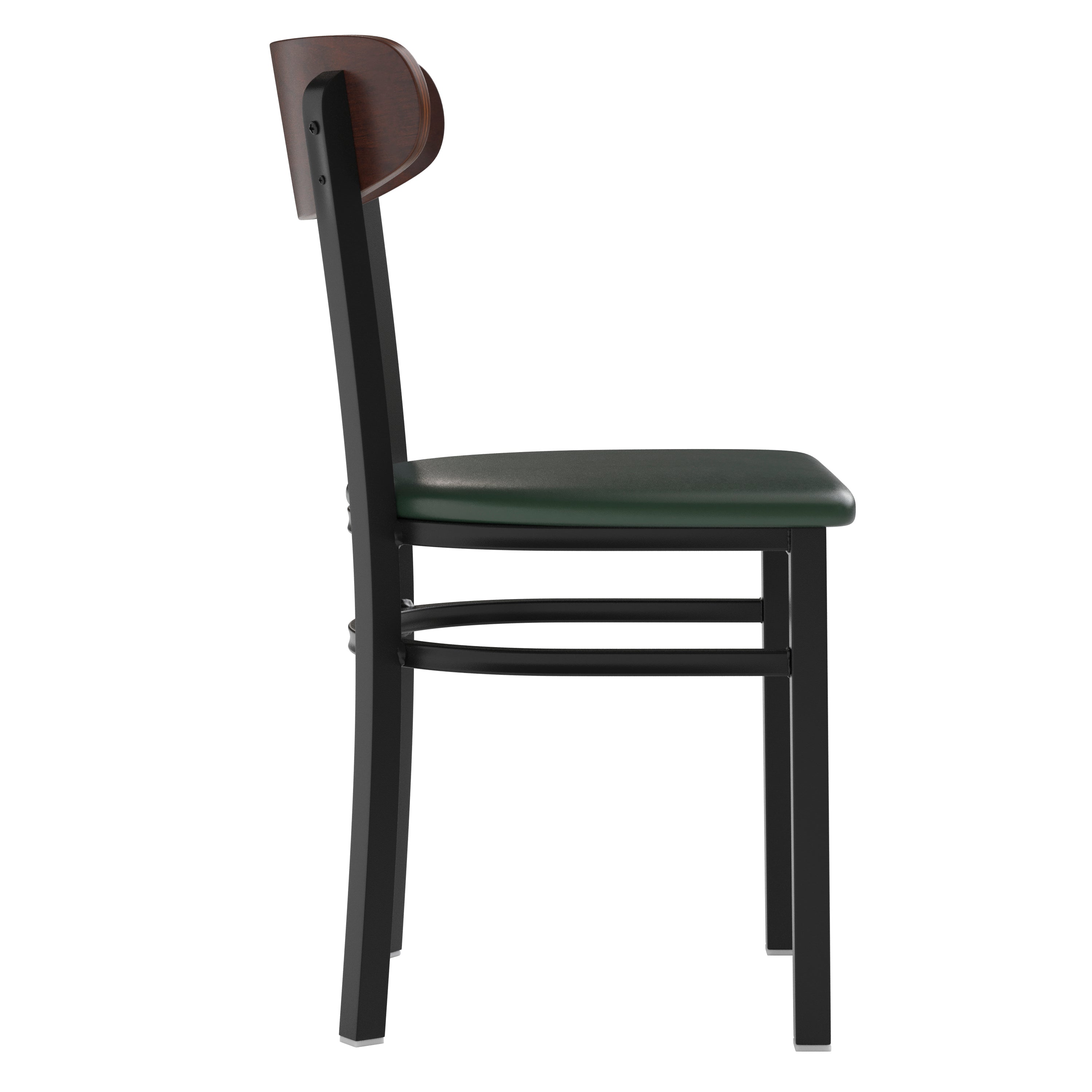 Wright Commercial Dining Chair with 500 LB. Capacity Black Steel Frame, Walnut Finish Wooden Boomerang Back, and Green Vinyl Seat