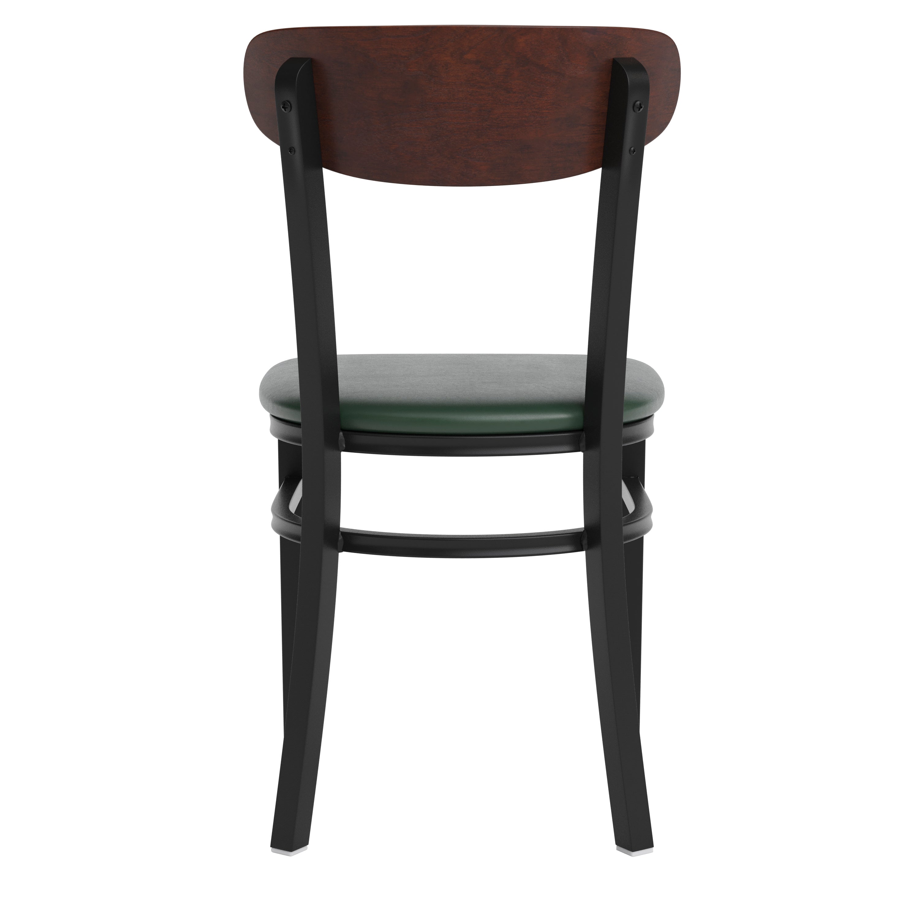 Wright Commercial Dining Chair with 500 LB. Capacity Black Steel Frame, Walnut Finish Wooden Boomerang Back, and Green Vinyl Seat
