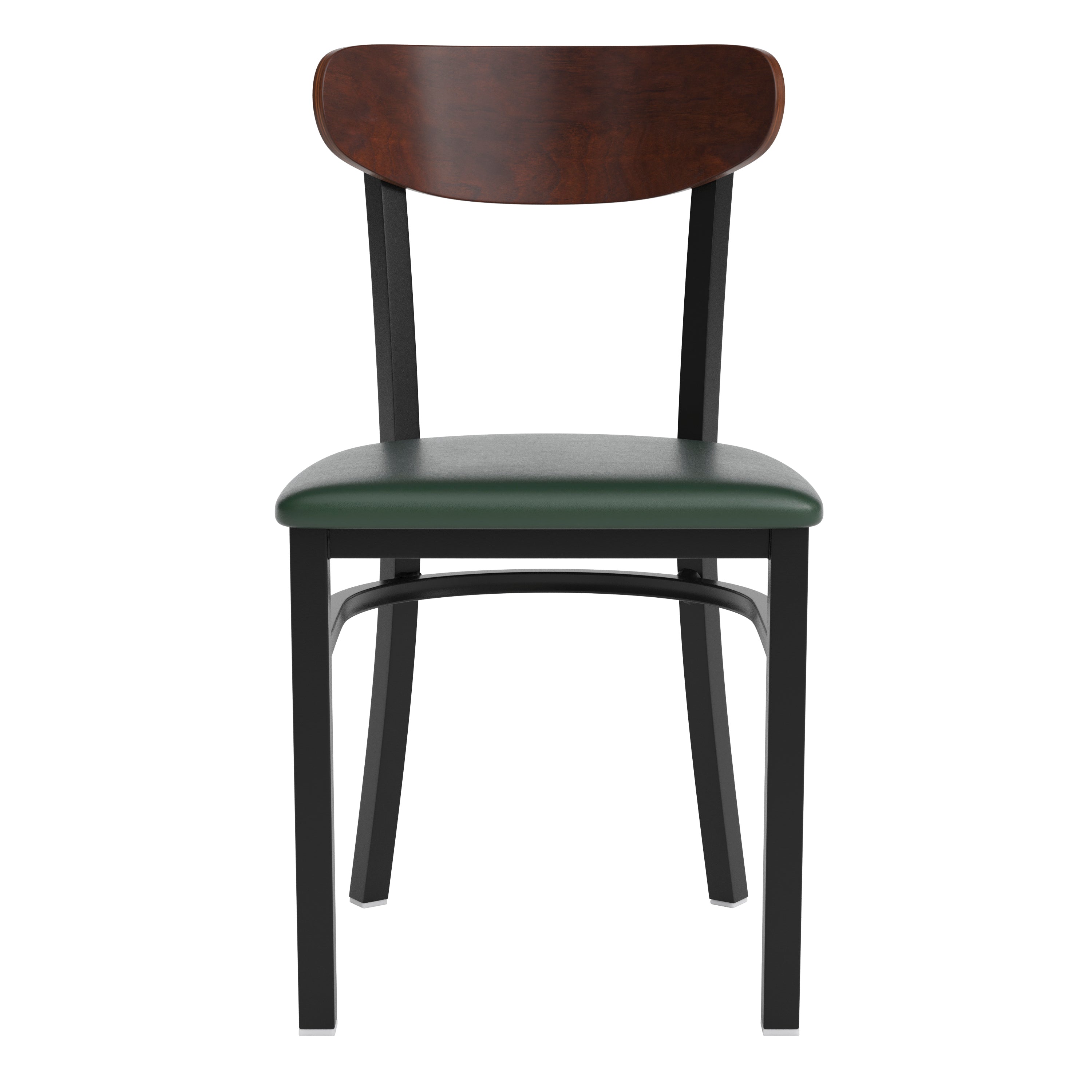 Wright Commercial Dining Chair with 500 LB. Capacity Black Steel Frame, Walnut Finish Wooden Boomerang Back, and Green Vinyl Seat