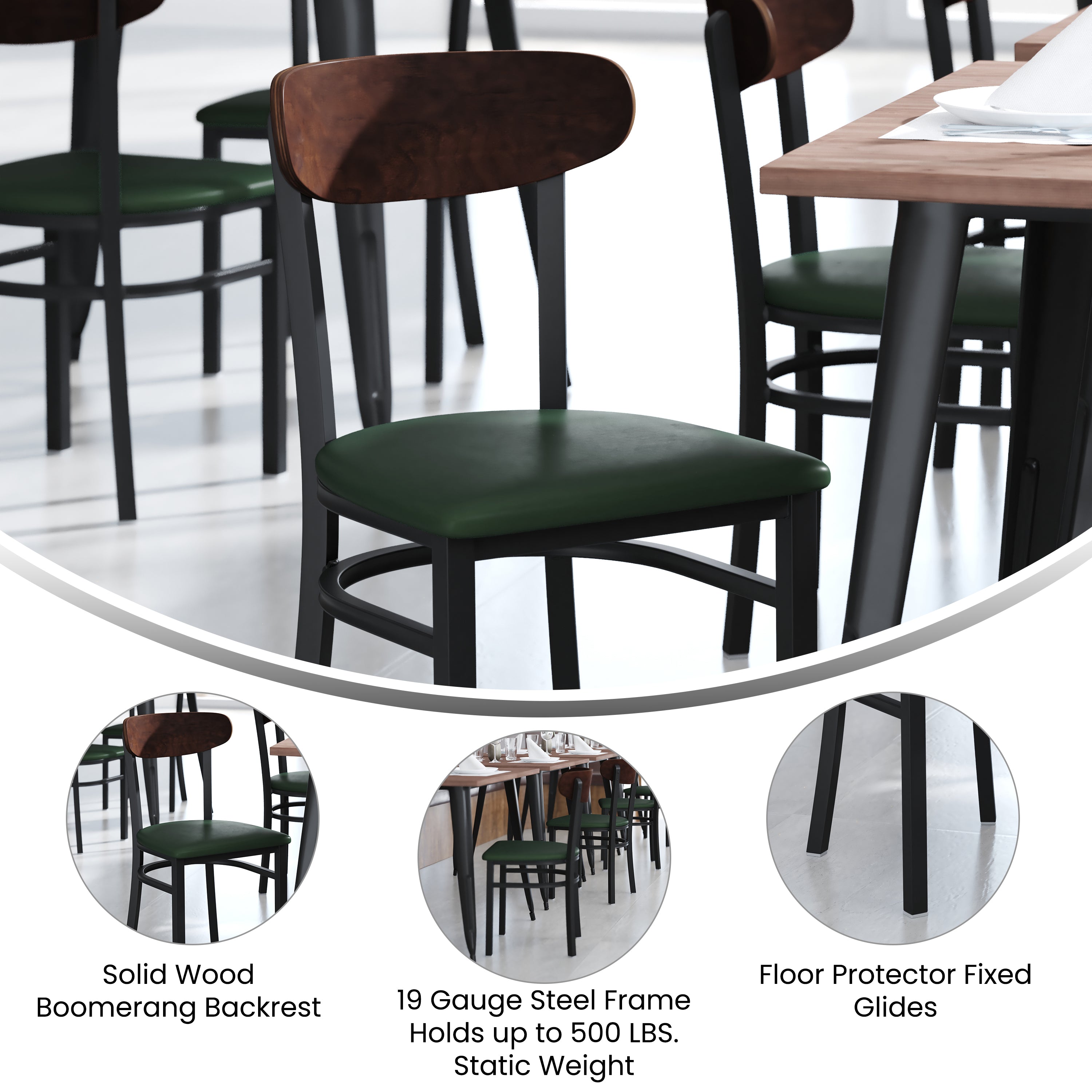 Wright Commercial Dining Chair with 500 LB. Capacity Black Steel Frame, Walnut Finish Wooden Boomerang Back, and Green Vinyl Seat