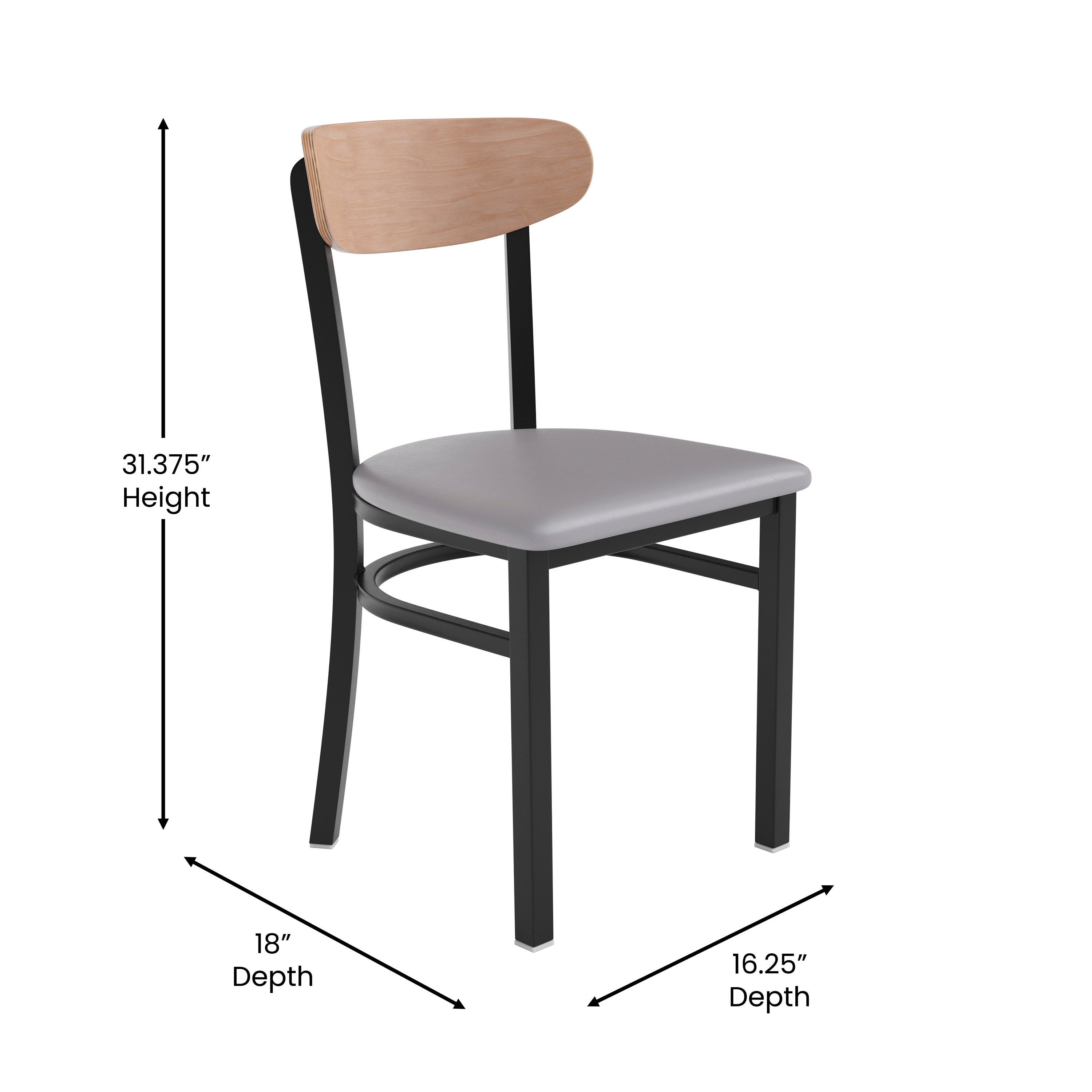 Wright Commercial Dining Chair with 500 LB. Capacity Black Steel Frame, Natural Birch Finish Wooden Boomerang Back, and Gray Vinyl Seat