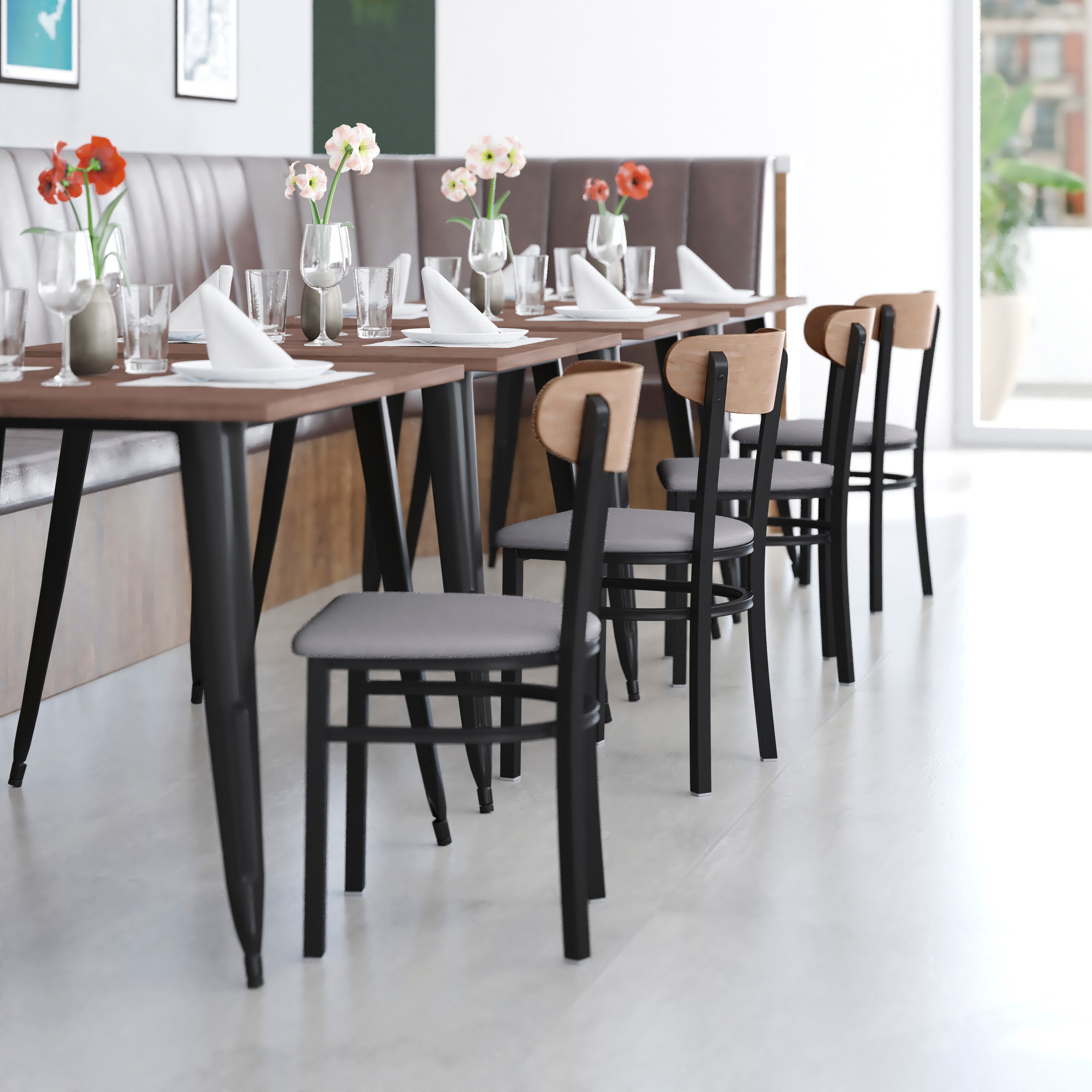 Wright Commercial Dining Chair with 500 LB. Capacity Black Steel Frame, Natural Birch Finish Wooden Boomerang Back, and Gray Vinyl Seat