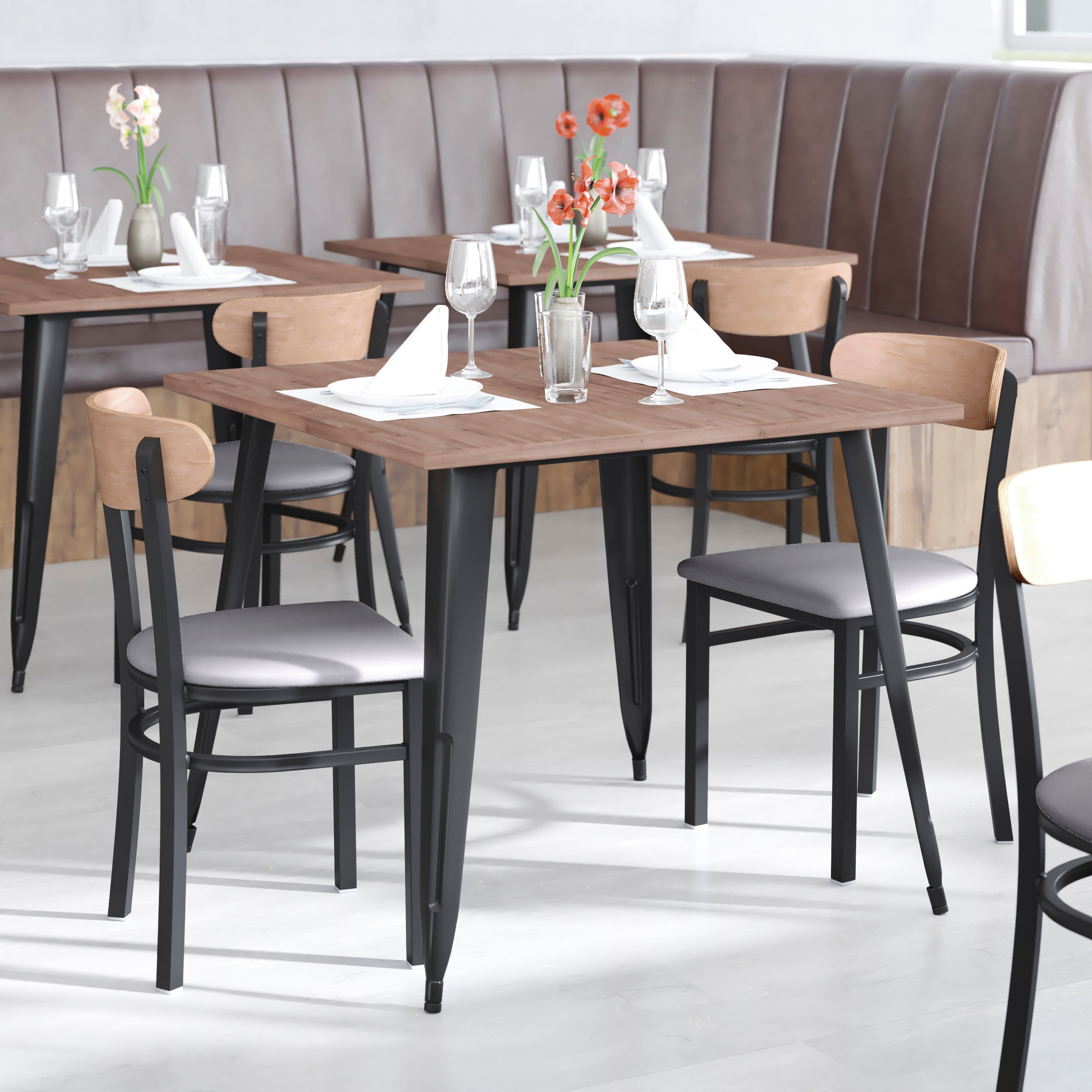 Wright Commercial Dining Chair with 500 LB. Capacity Black Steel Frame, Natural Birch Finish Wooden Boomerang Back, and Gray Vinyl Seat