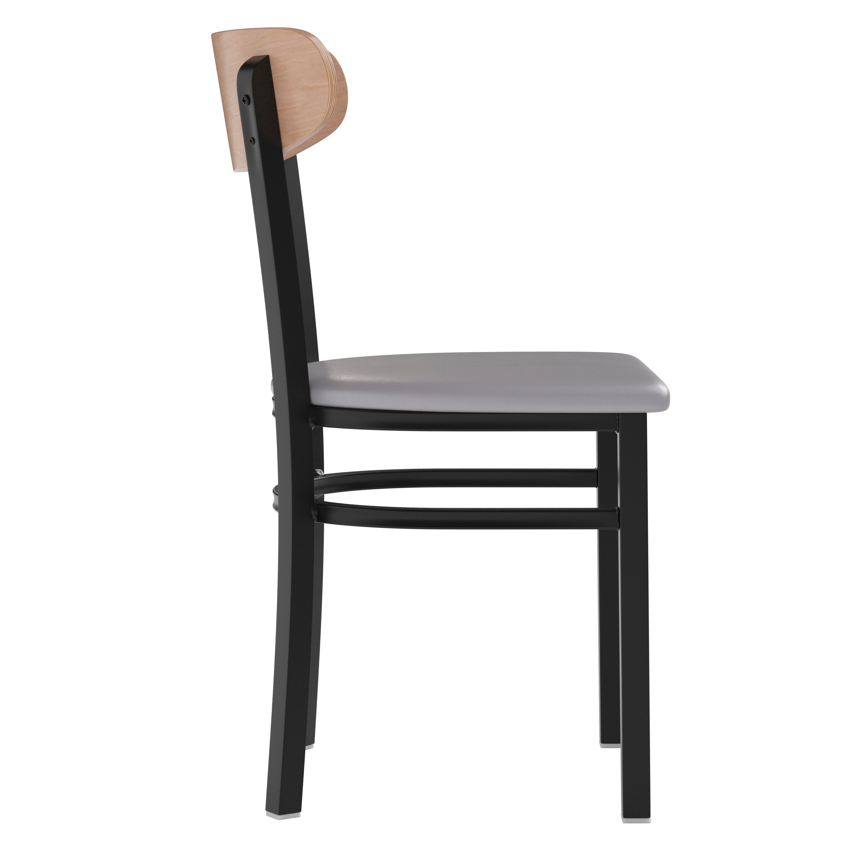 Wright Commercial Dining Chair with 500 LB. Capacity Black Steel Frame, Natural Birch Finish Wooden Boomerang Back, and Gray Vinyl Seat