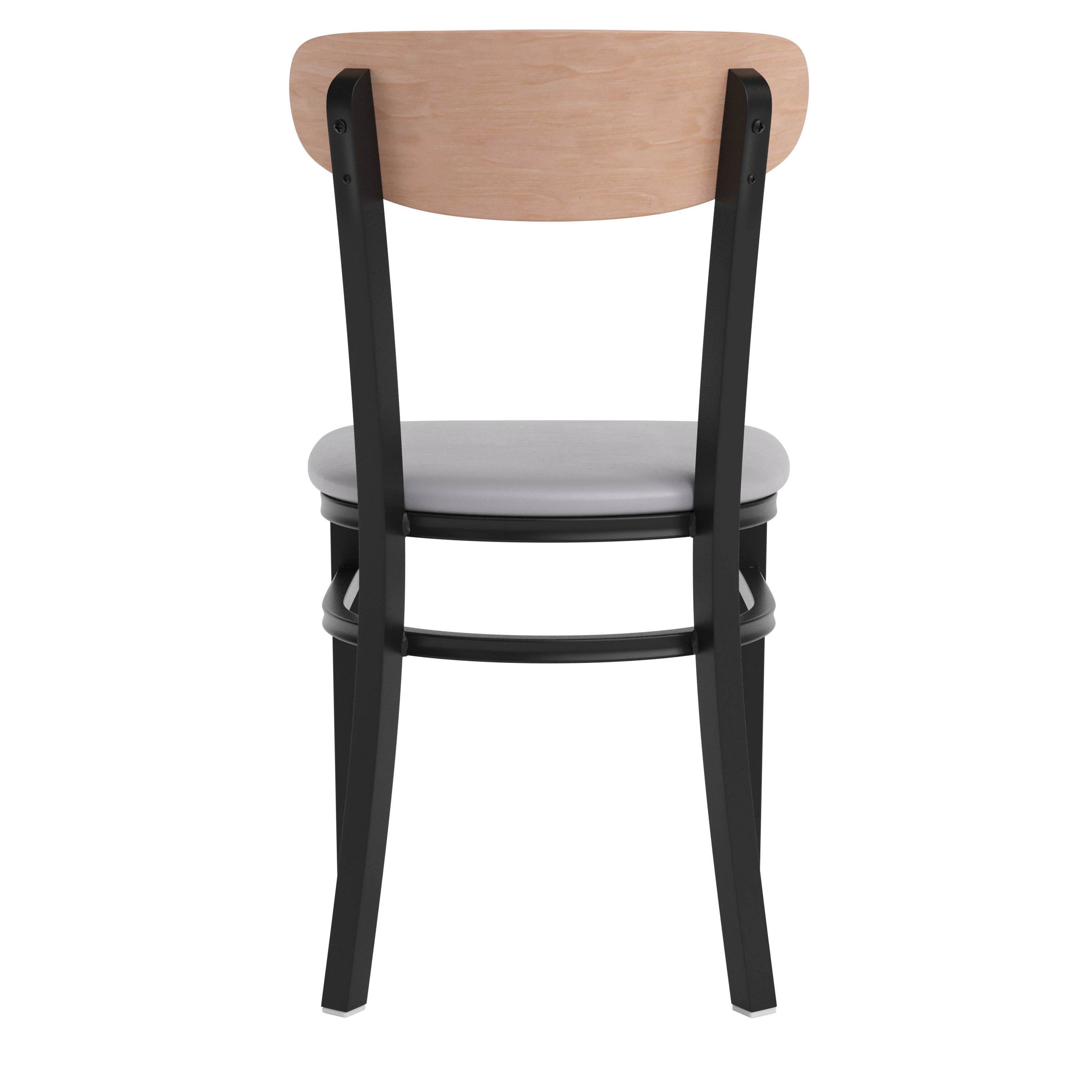 Wright Commercial Dining Chair with 500 LB. Capacity Black Steel Frame, Natural Birch Finish Wooden Boomerang Back, and Gray Vinyl Seat