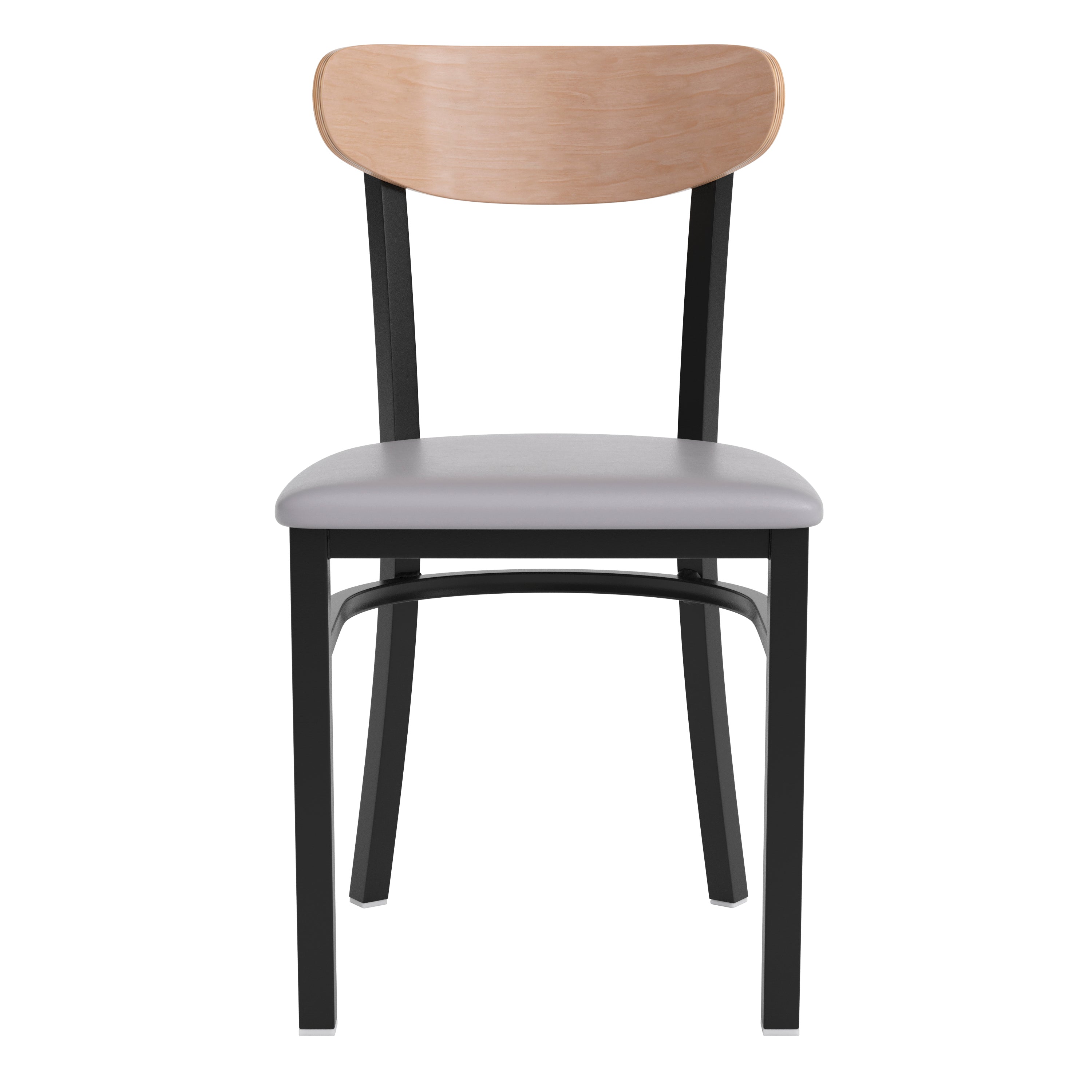 Wright Commercial Dining Chair with 500 LB. Capacity Black Steel Frame, Natural Birch Finish Wooden Boomerang Back, and Gray Vinyl Seat