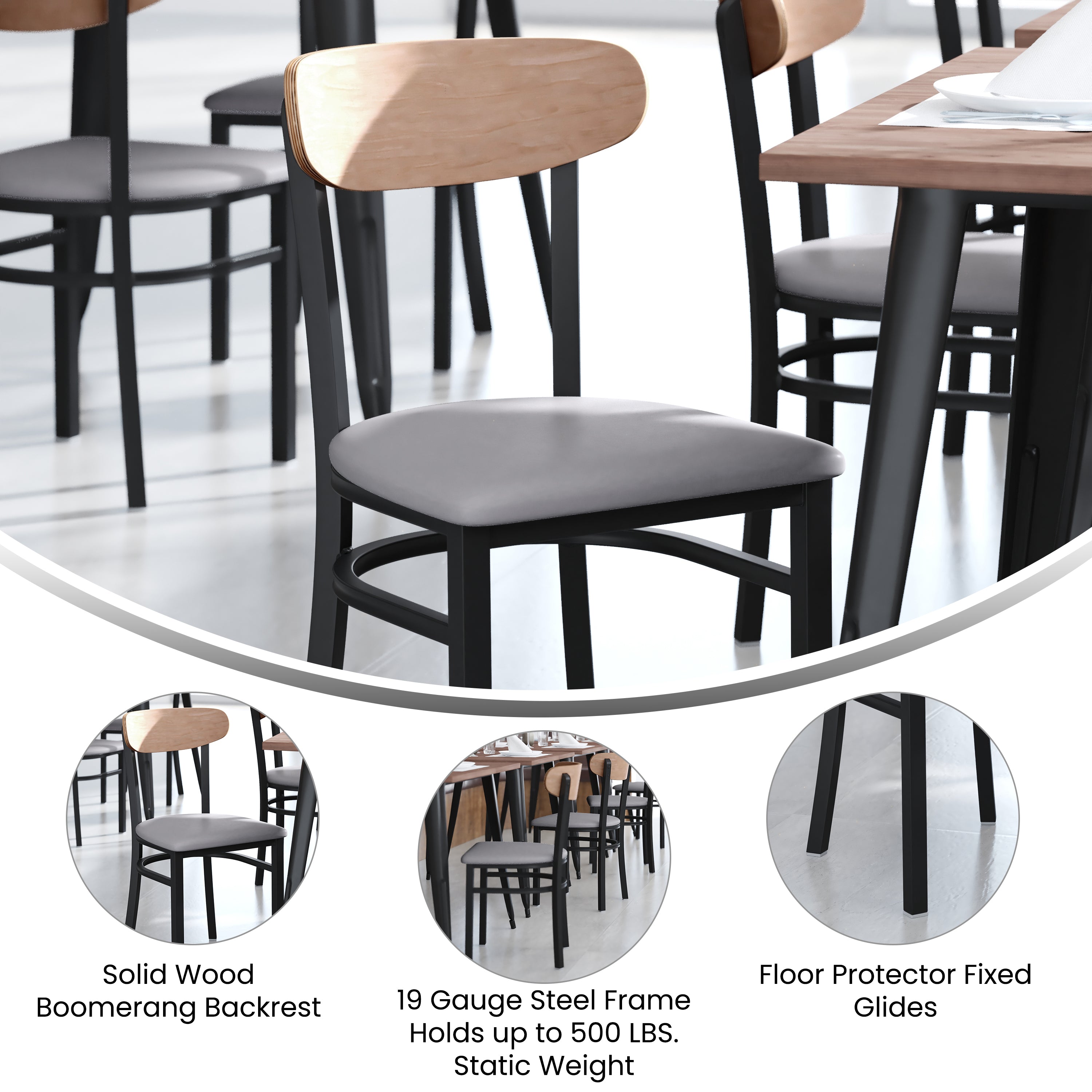Wright Commercial Dining Chair with 500 LB. Capacity Black Steel Frame, Natural Birch Finish Wooden Boomerang Back, and Gray Vinyl Seat