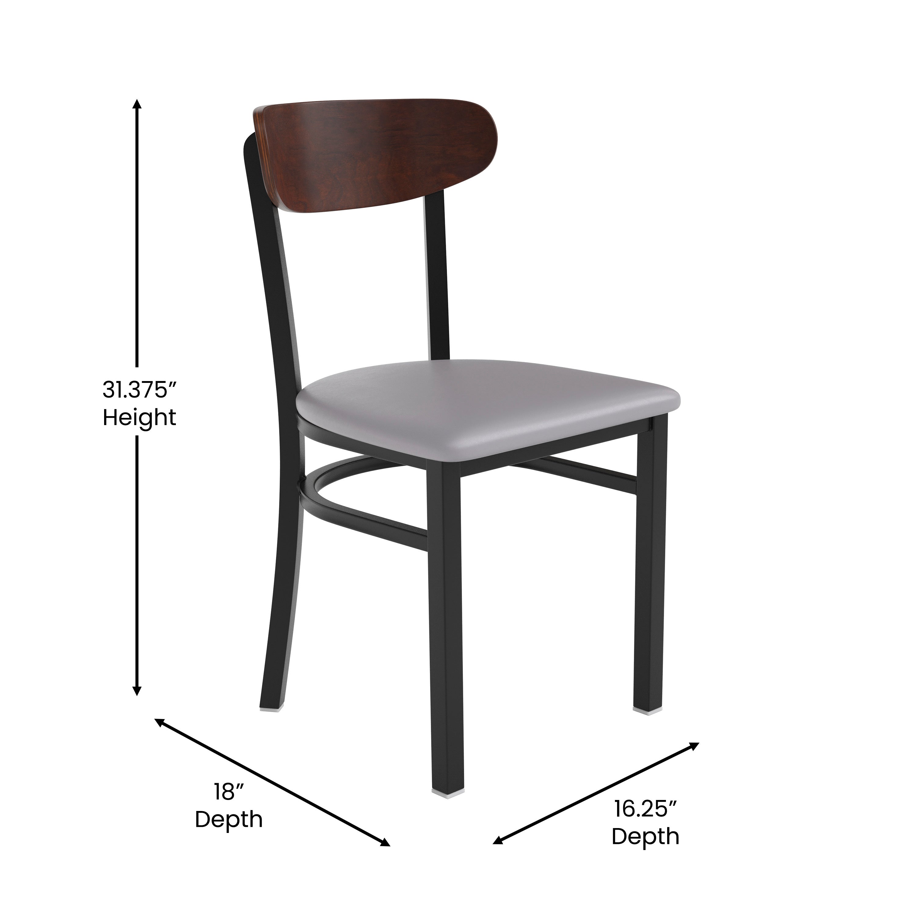 Wright Commercial Dining Chair with 500 LB. Capacity Black Steel Frame, Walnut Finish Wooden Boomerang Back, and Gray Vinyl Seat