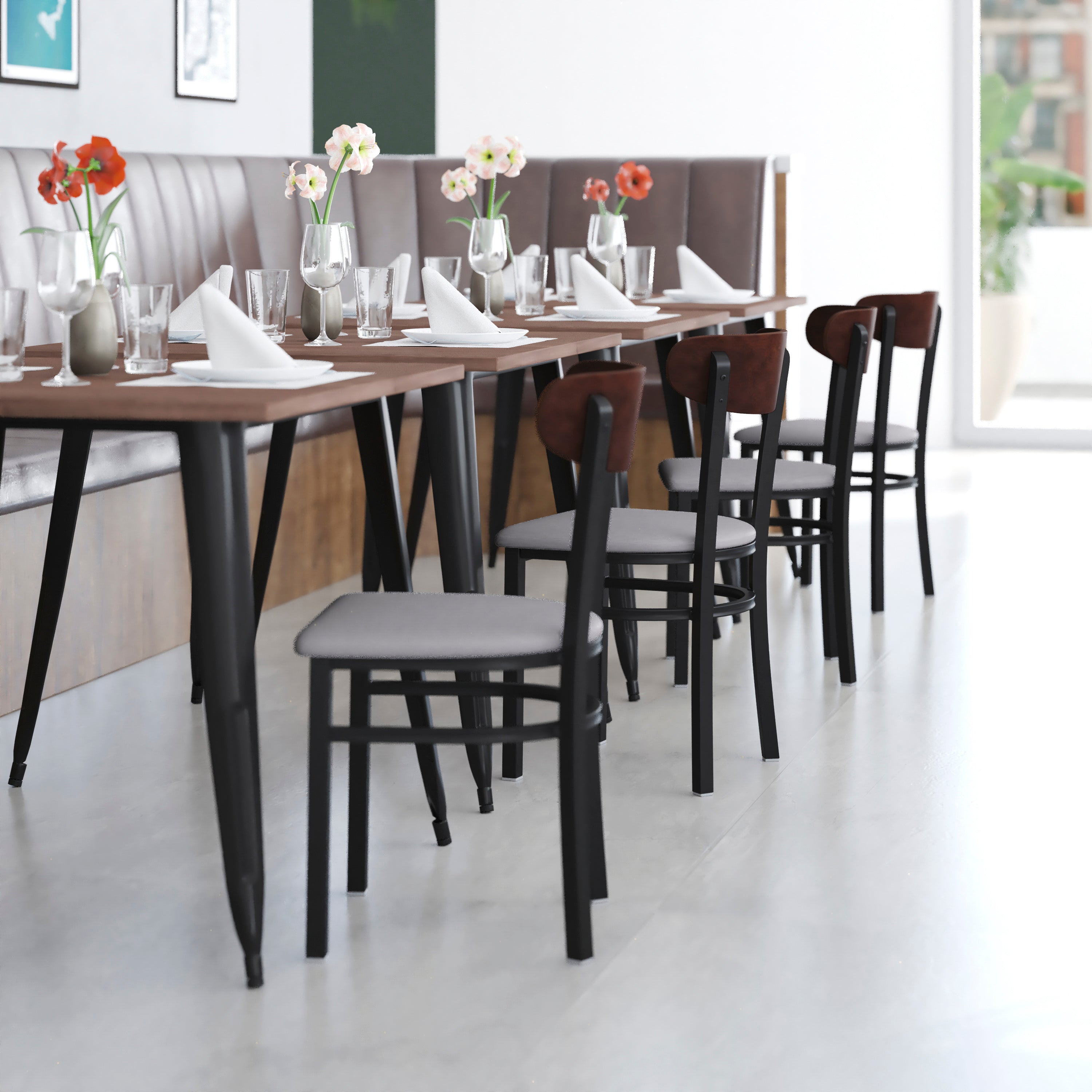 Wright Commercial Dining Chair with 500 LB. Capacity Black Steel Frame, Walnut Finish Wooden Boomerang Back, and Gray Vinyl Seat