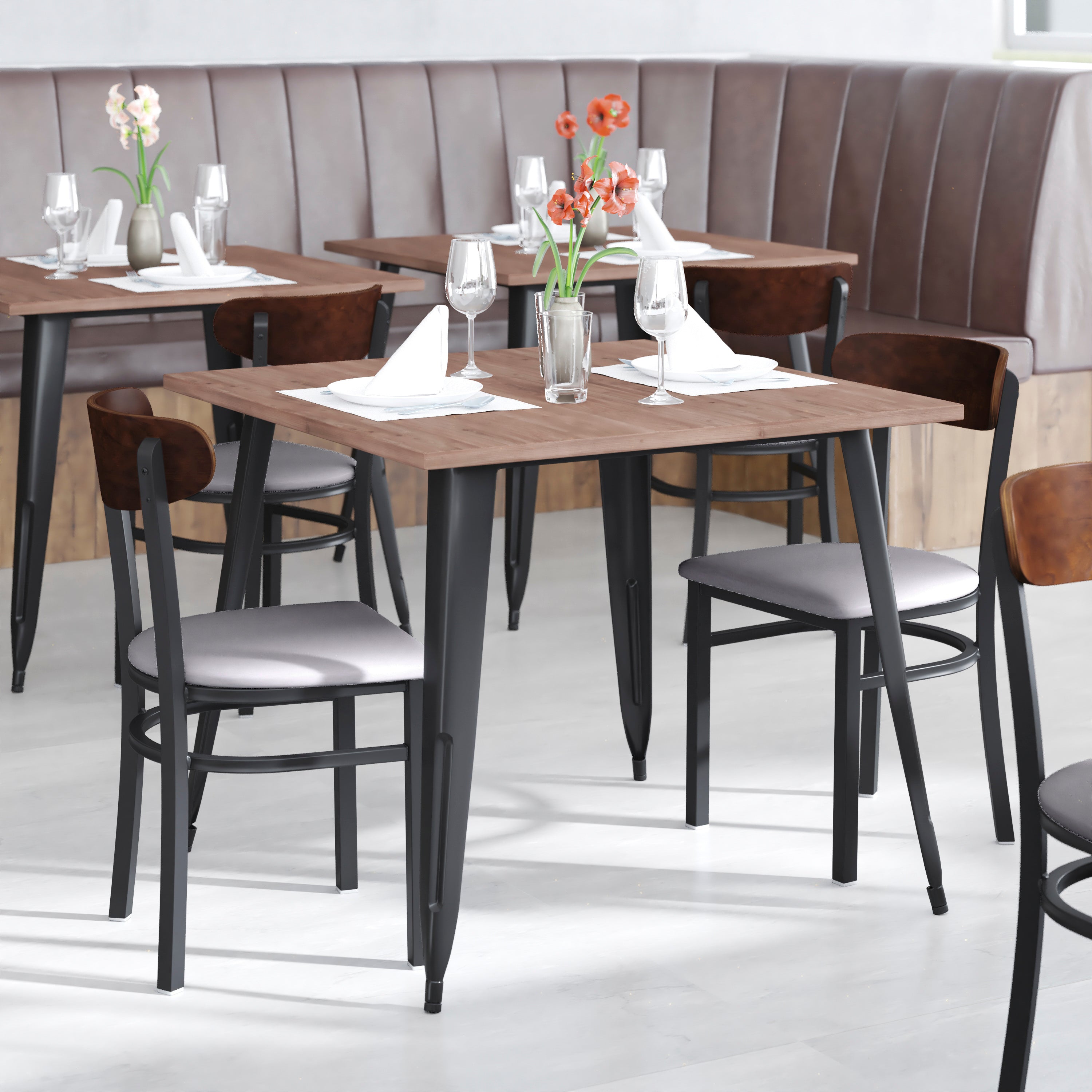 Wright Commercial Dining Chair with 500 LB. Capacity Black Steel Frame, Walnut Finish Wooden Boomerang Back, and Gray Vinyl Seat