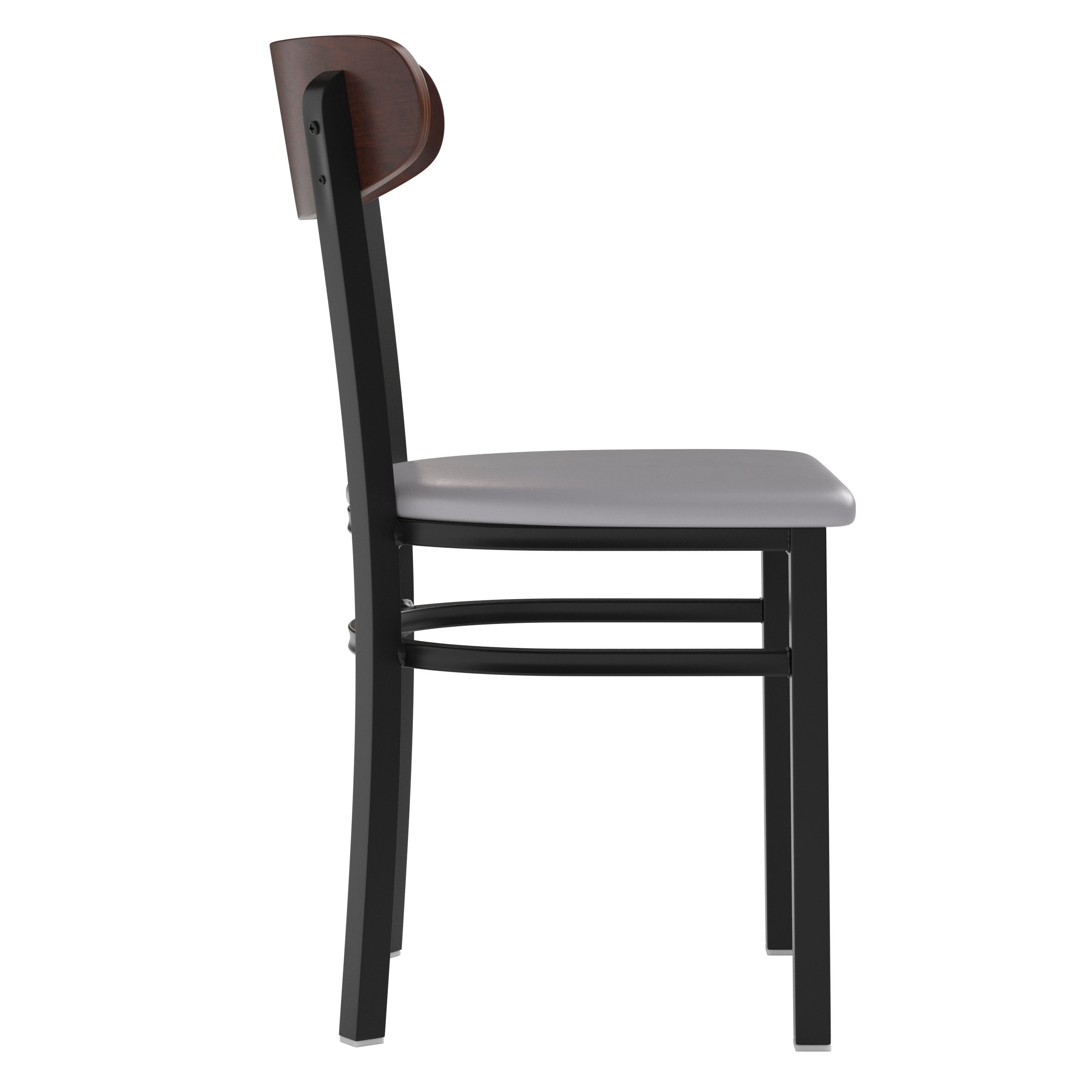 Wright Commercial Dining Chair with 500 LB. Capacity Black Steel Frame, Walnut Finish Wooden Boomerang Back, and Gray Vinyl Seat