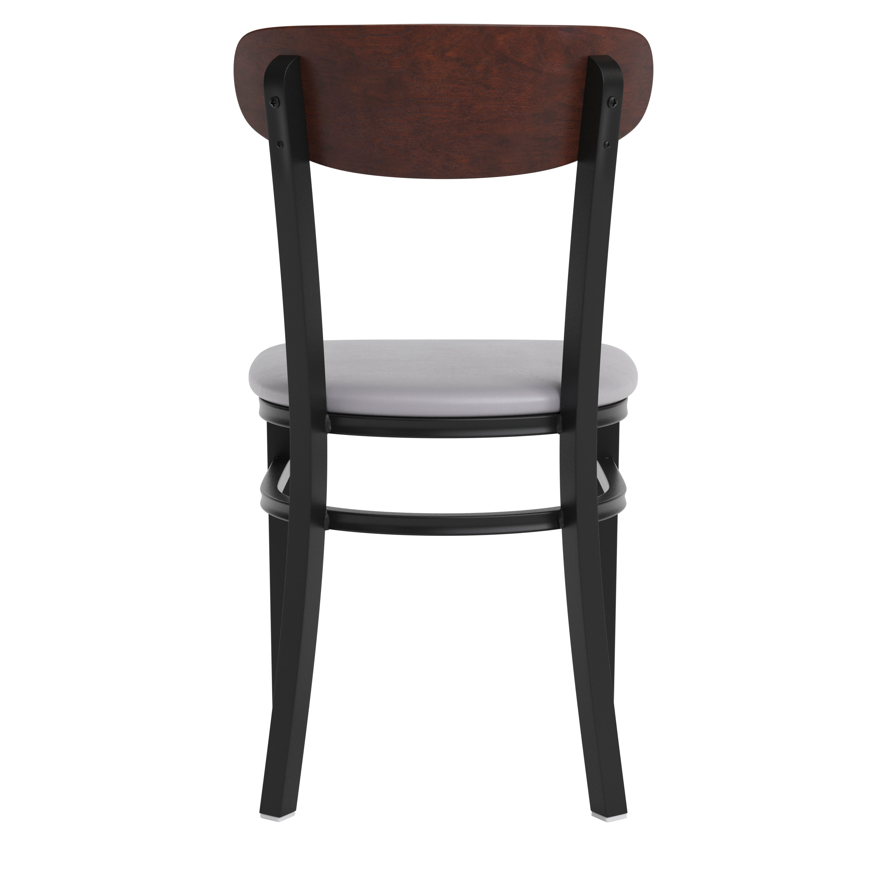 Wright Commercial Dining Chair with 500 LB. Capacity Black Steel Frame, Walnut Finish Wooden Boomerang Back, and Gray Vinyl Seat
