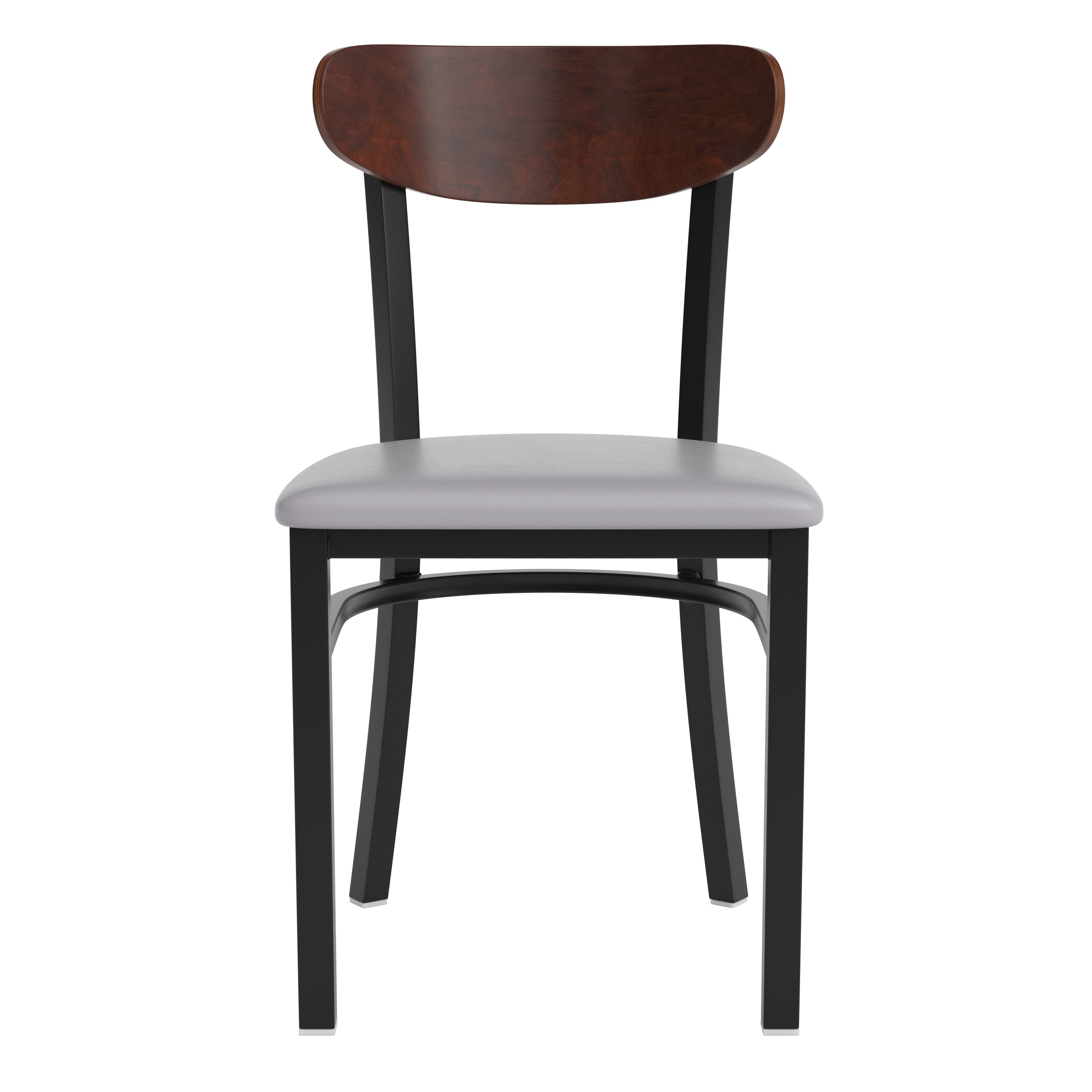 Wright Commercial Dining Chair with 500 LB. Capacity Black Steel Frame, Walnut Finish Wooden Boomerang Back, and Gray Vinyl Seat
