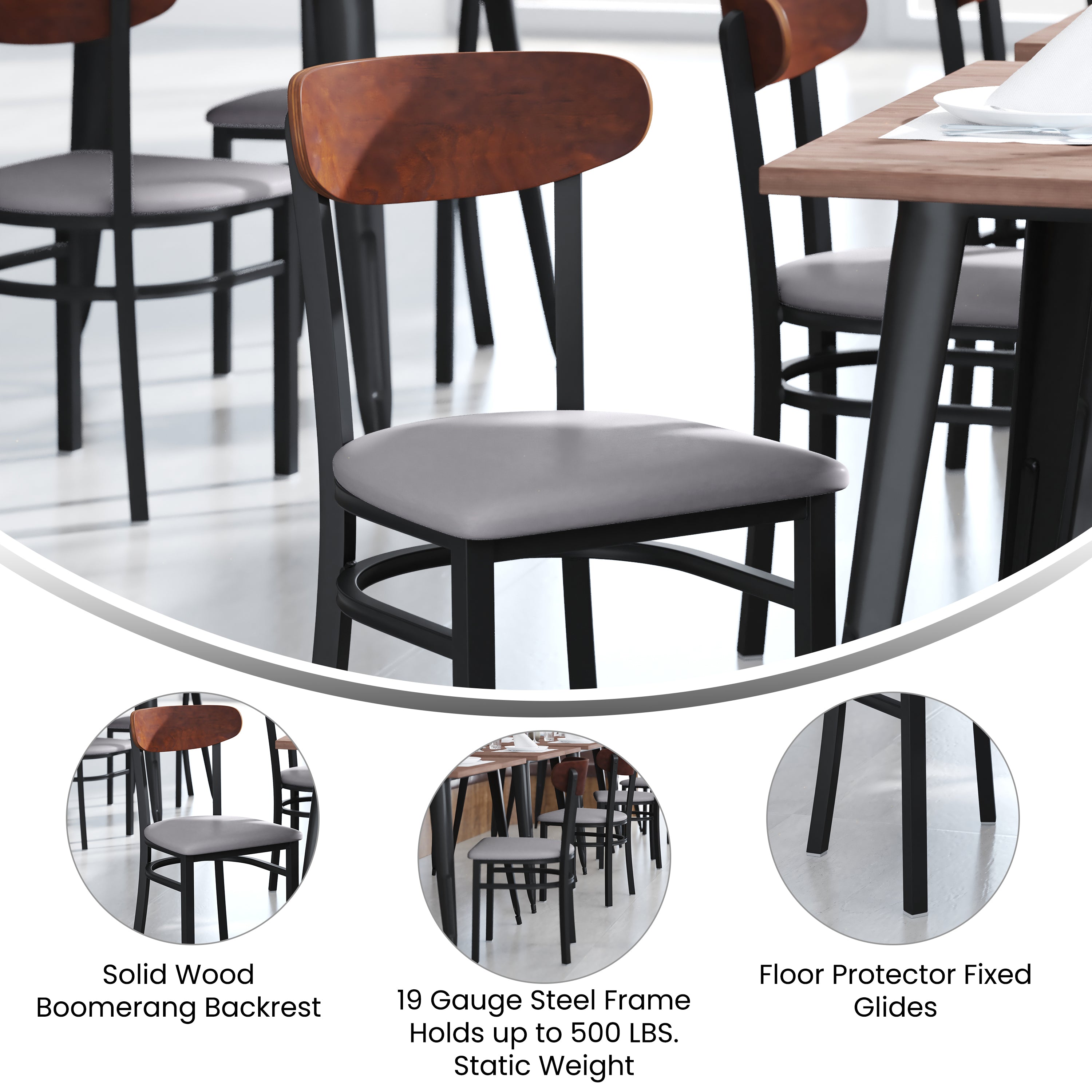 Wright Commercial Dining Chair with 500 LB. Capacity Black Steel Frame, Walnut Finish Wooden Boomerang Back, and Gray Vinyl Seat