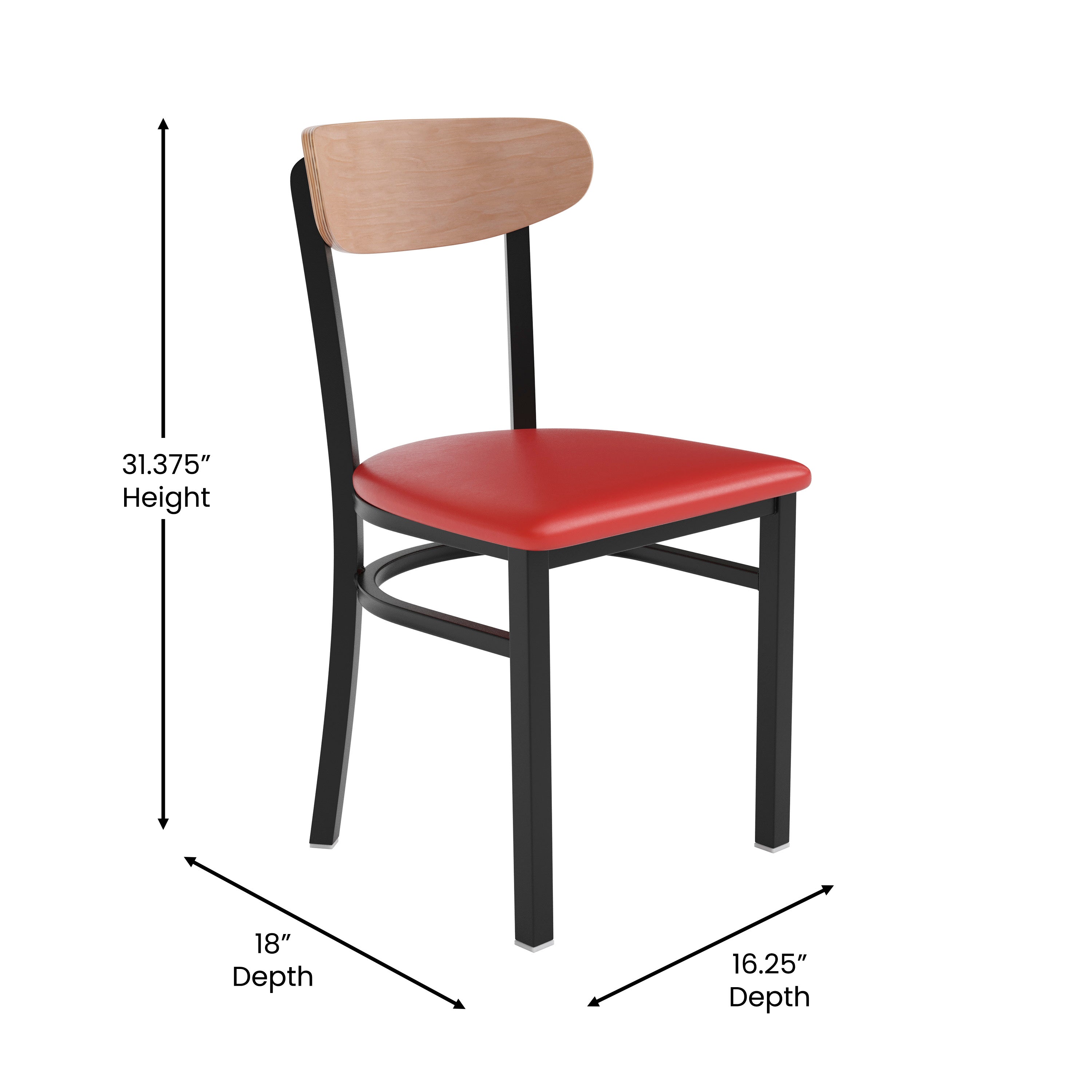 Wright Commercial Dining Chair with 500 LB. Capacity Black Steel Frame, Natural Birch Finish Wooden Boomerang Back, and Red Vinyl Seat