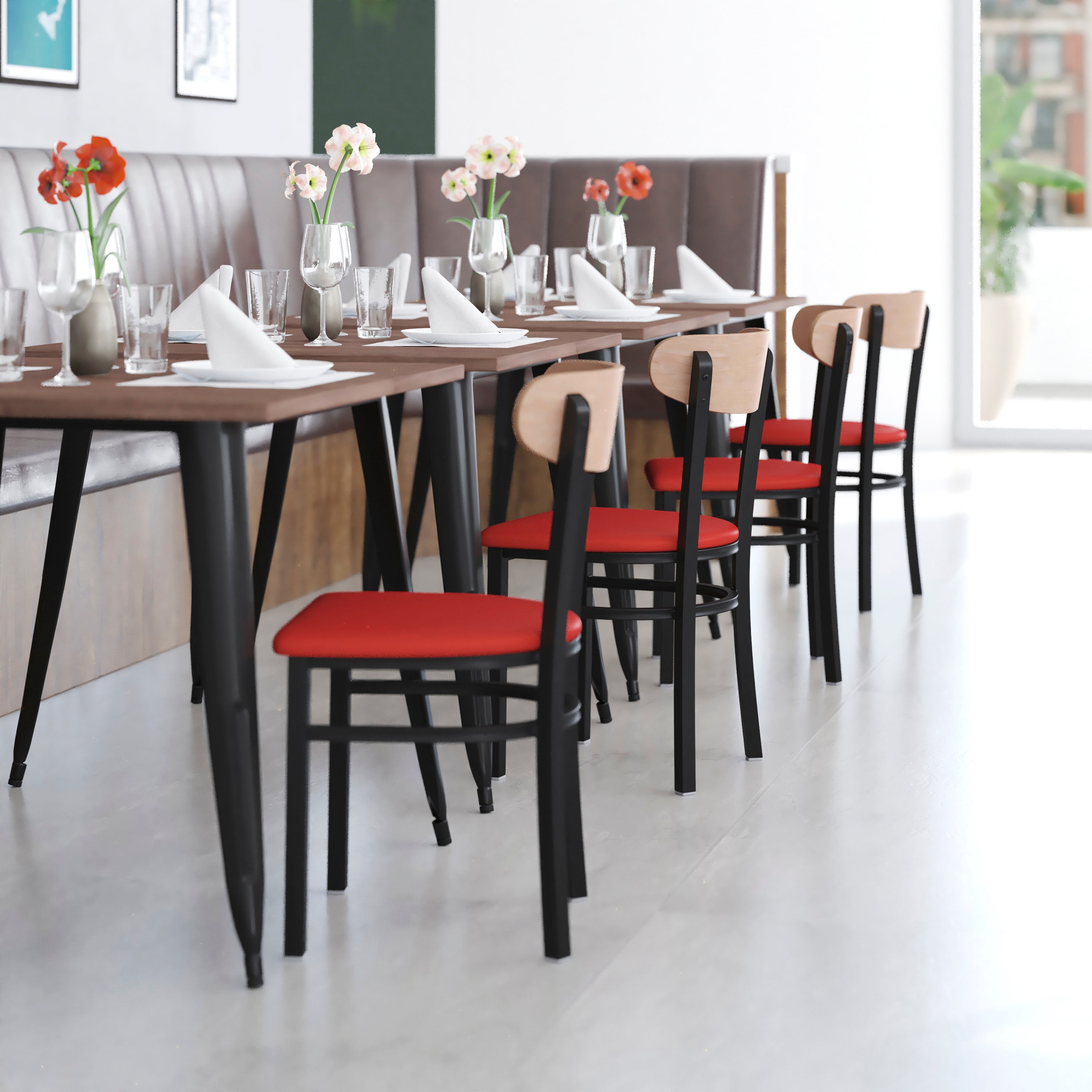 Wright Commercial Dining Chair with 500 LB. Capacity Black Steel Frame, Natural Birch Finish Wooden Boomerang Back, and Red Vinyl Seat