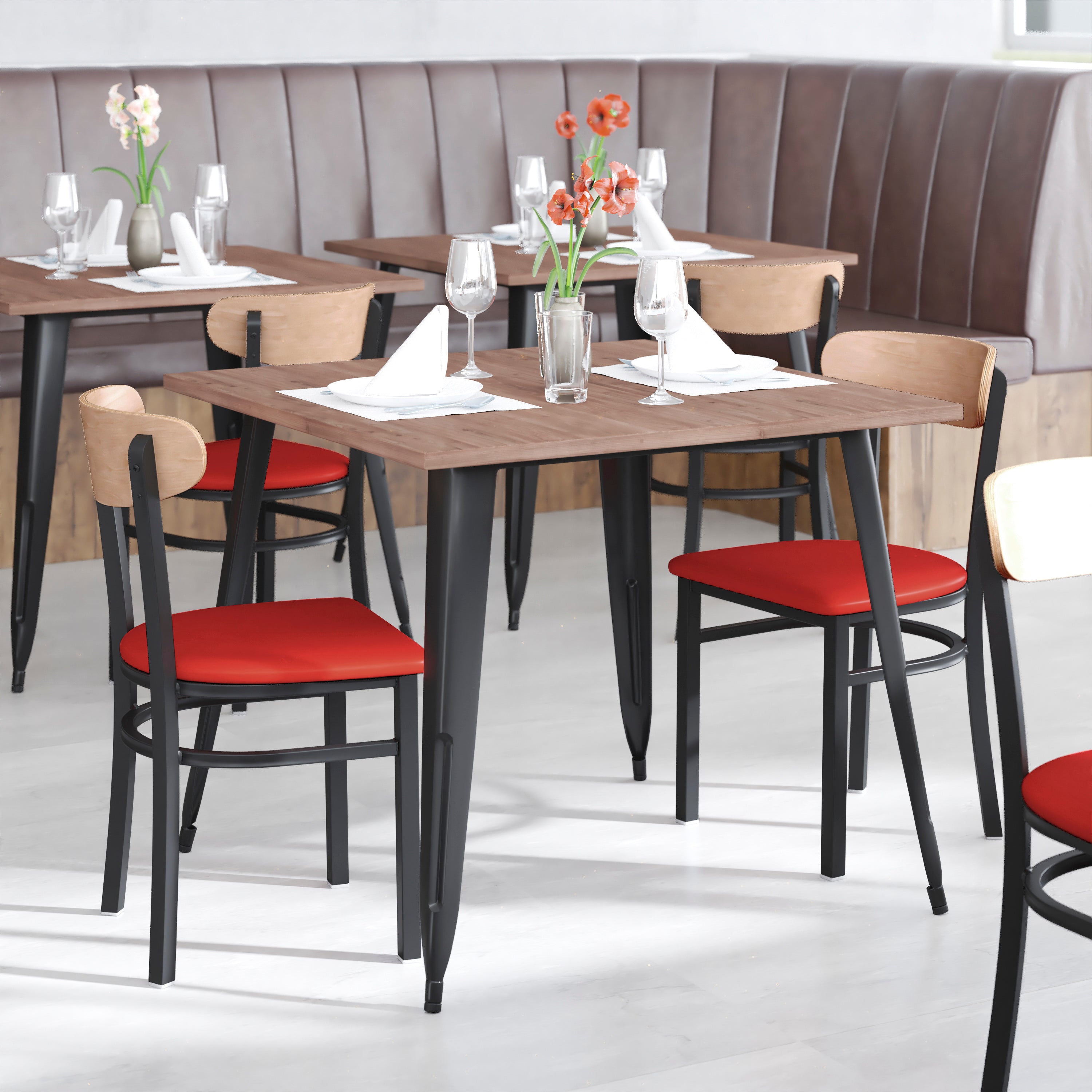 Wright Commercial Dining Chair with 500 LB. Capacity Black Steel Frame, Natural Birch Finish Wooden Boomerang Back, and Red Vinyl Seat