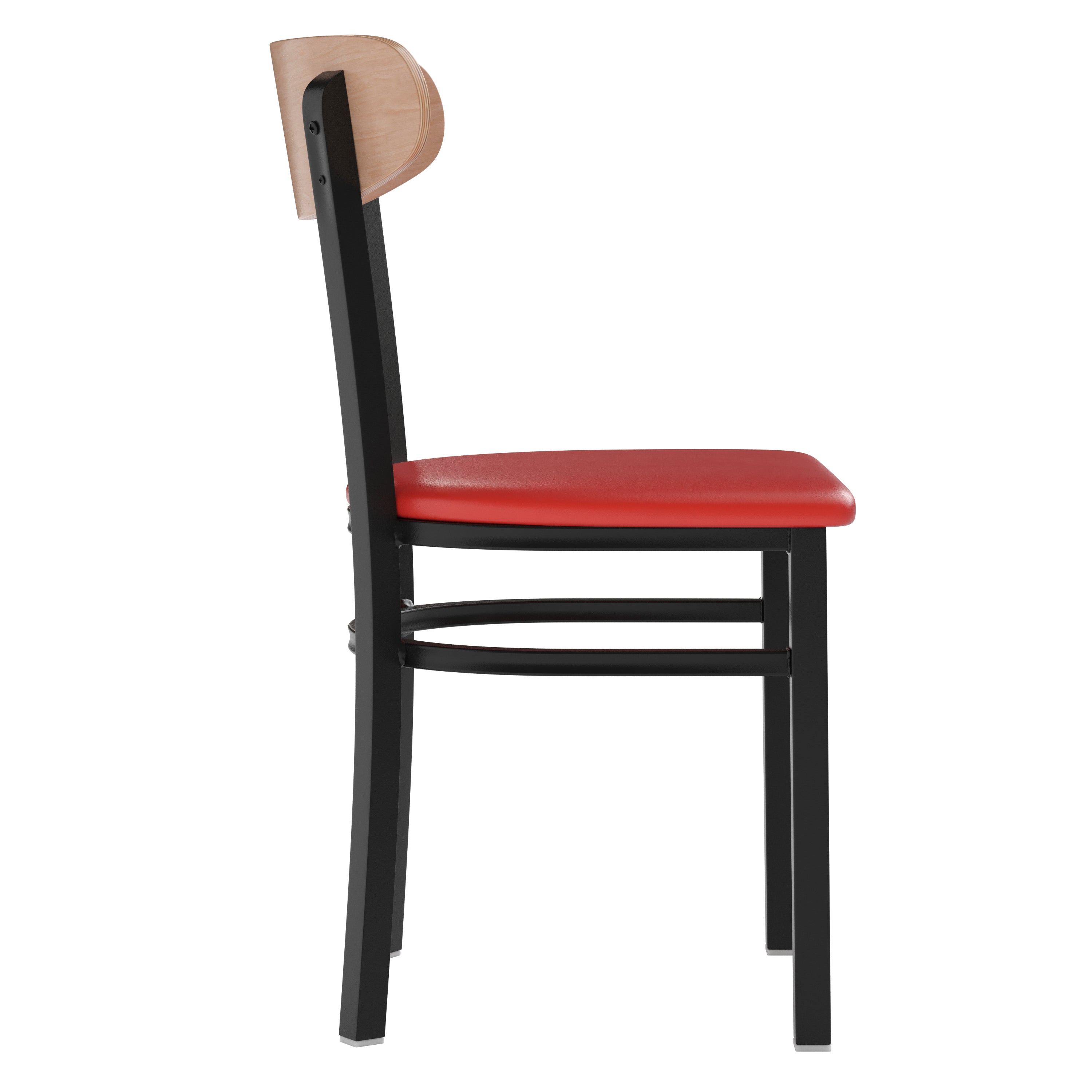 Wright Commercial Dining Chair with 500 LB. Capacity Black Steel Frame, Natural Birch Finish Wooden Boomerang Back, and Red Vinyl Seat