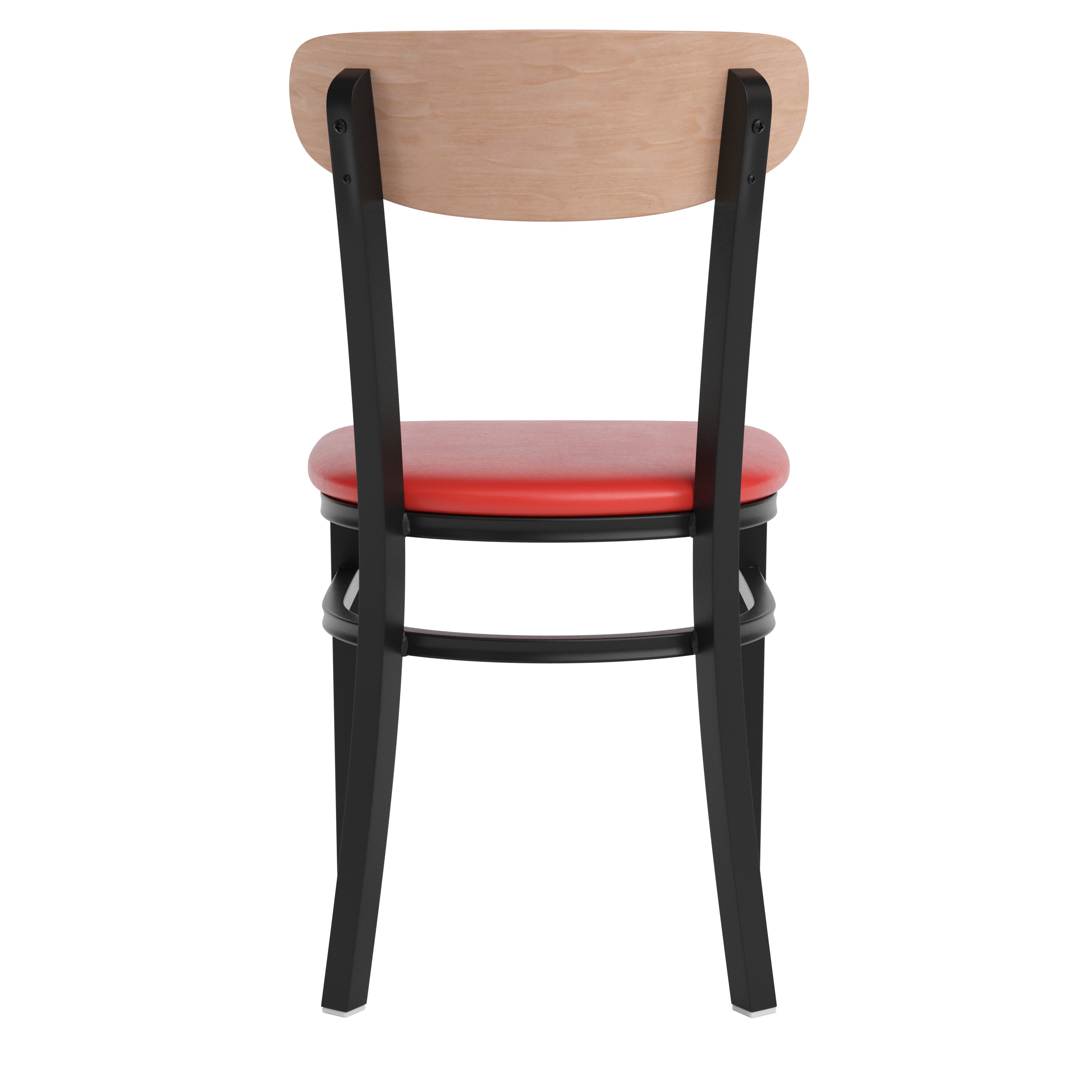 Wright Commercial Dining Chair with 500 LB. Capacity Black Steel Frame, Natural Birch Finish Wooden Boomerang Back, and Red Vinyl Seat