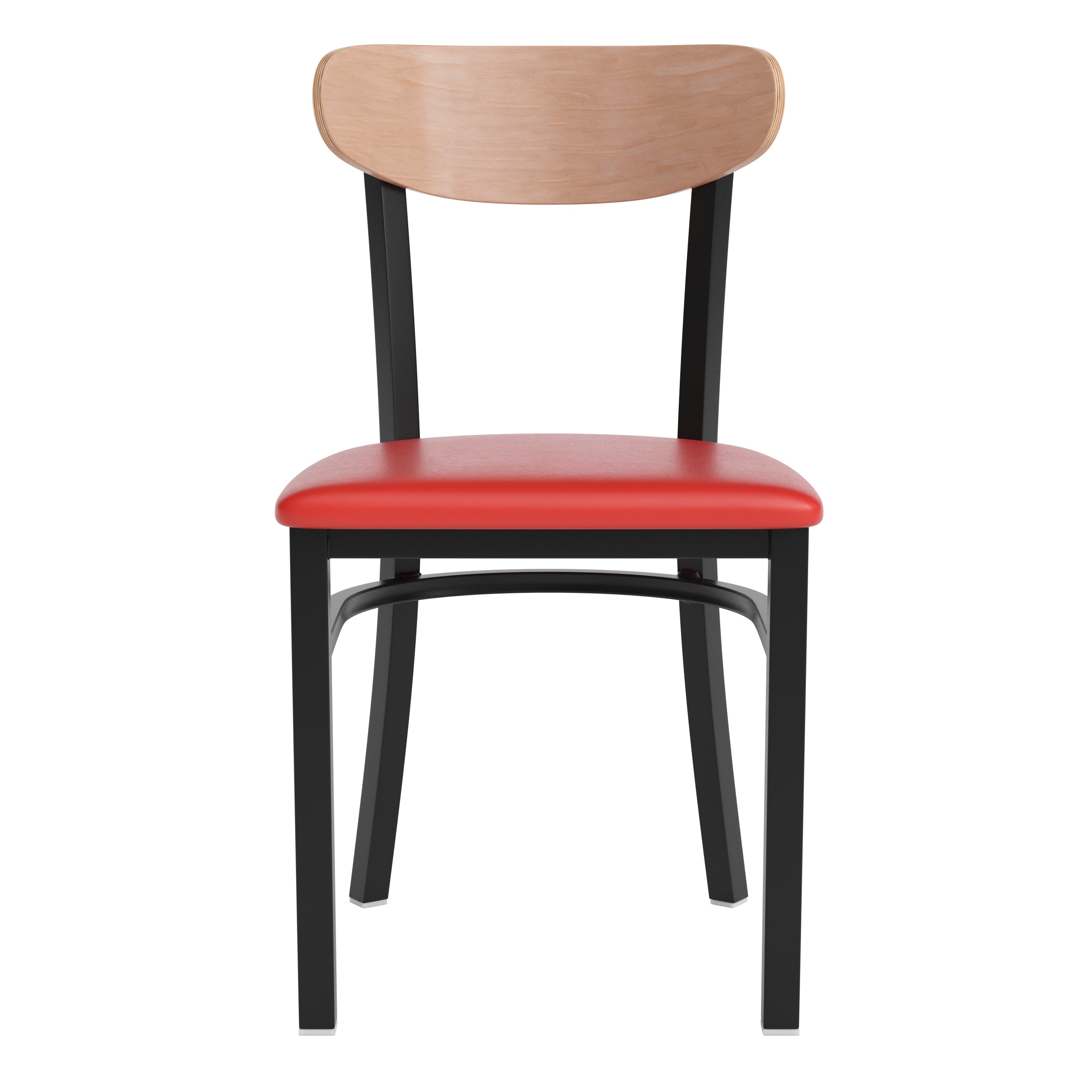 Wright Commercial Dining Chair with 500 LB. Capacity Black Steel Frame, Natural Birch Finish Wooden Boomerang Back, and Red Vinyl Seat
