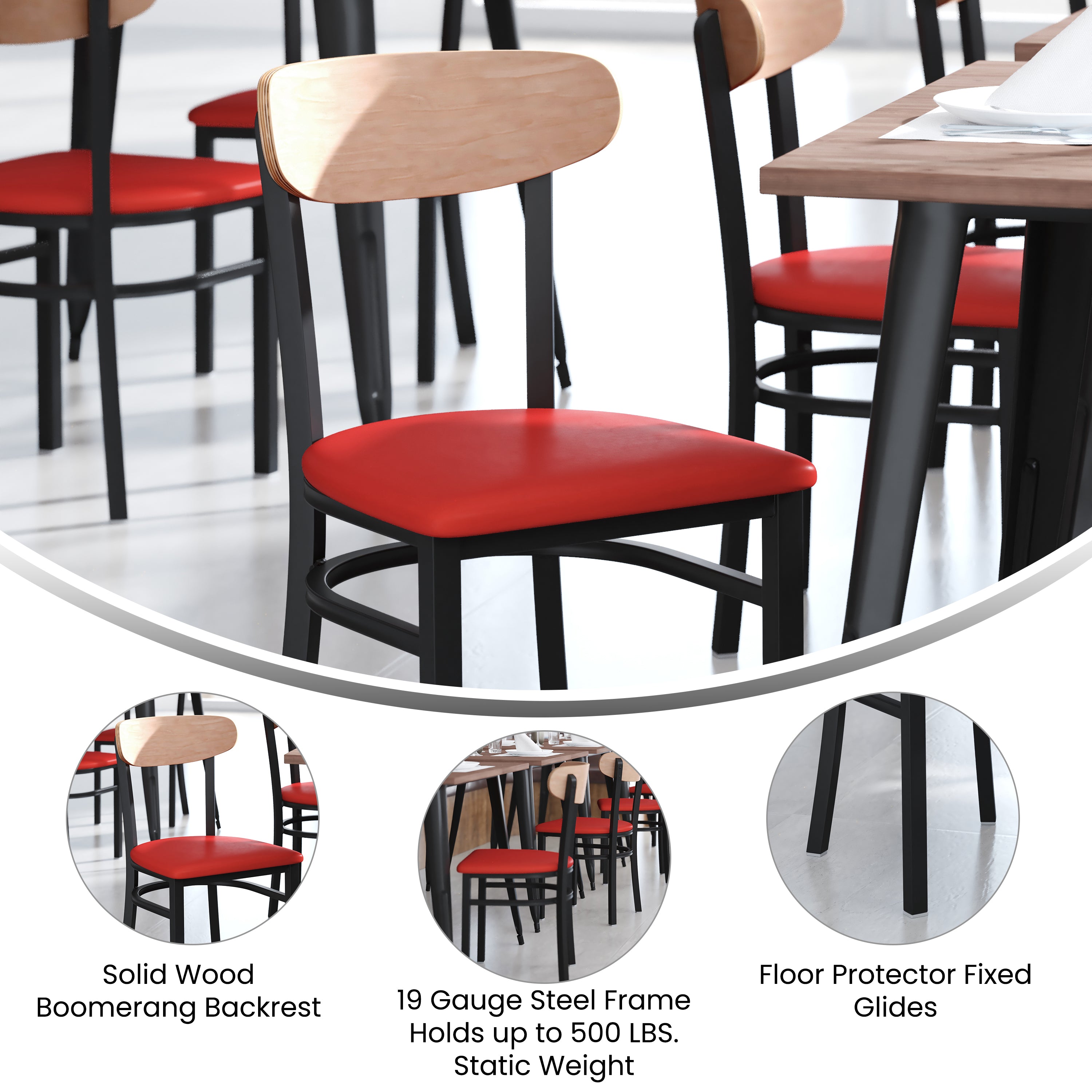 Wright Commercial Dining Chair with 500 LB. Capacity Black Steel Frame, Natural Birch Finish Wooden Boomerang Back, and Red Vinyl Seat